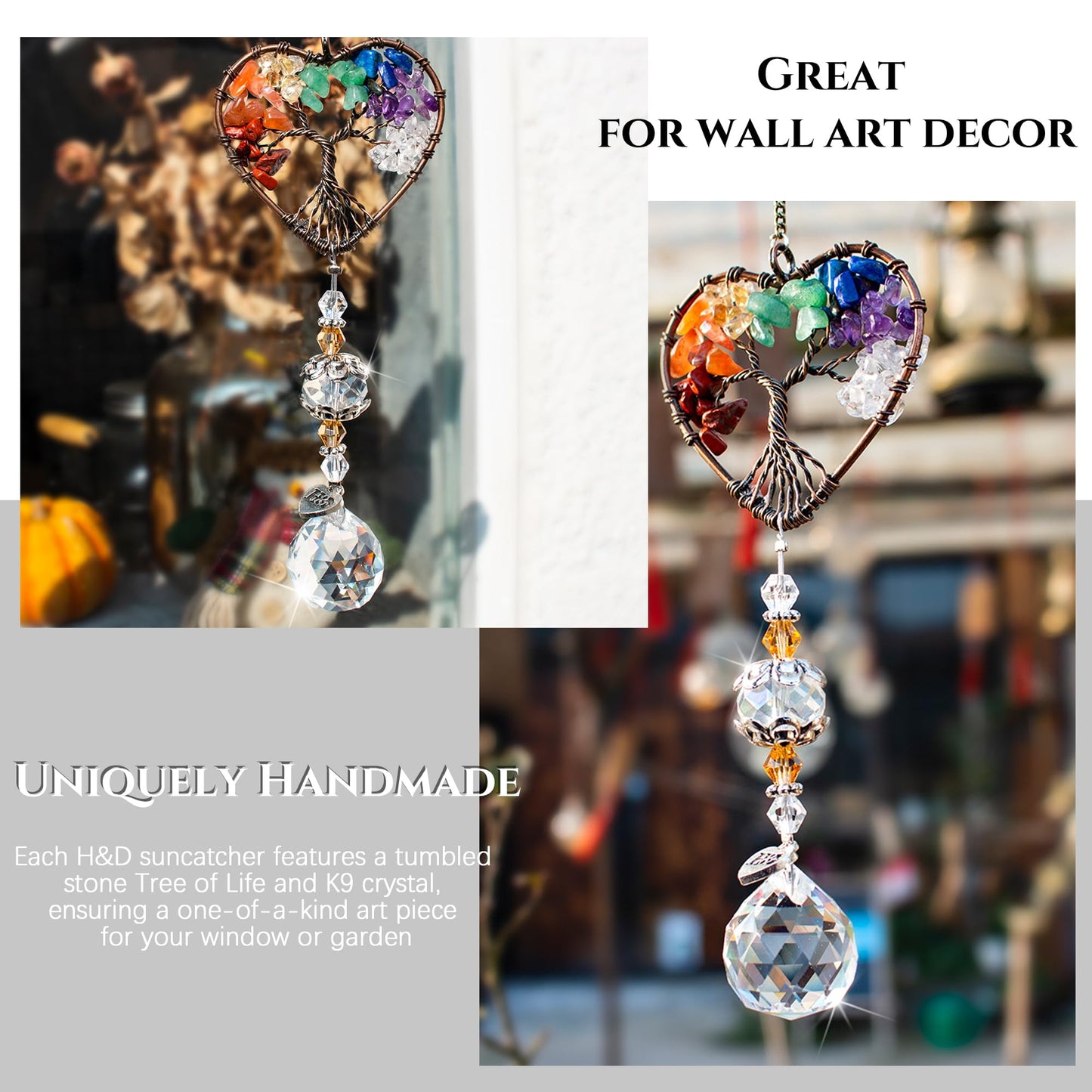 H&D HYALINE & DORA Suncatcher Window Hanging Tree of Life Heart Shaped Crystal Ball Prism Drop Pendant