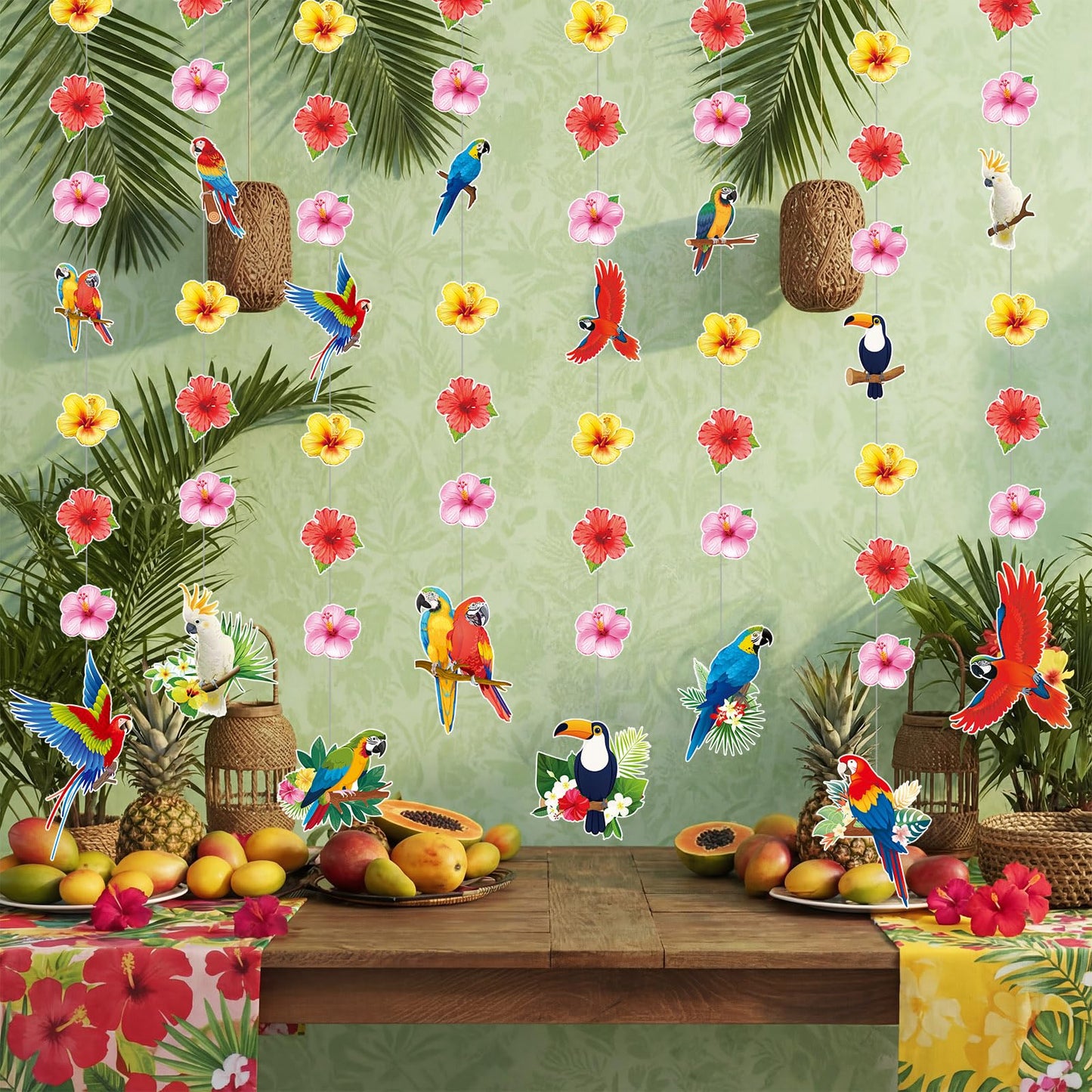 Tiamon 8 Pcs Tropical Bird Decorations Tropical Hawaiian Party Hanging Banner Hawaii Parrot Flower Hanging Garland Summer Luau Party Paper Banner for Pool Tiki Bar Birthday Supplies