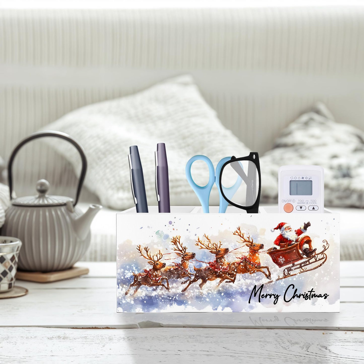 Exqcom Winter Christmas Santa Pen Pencil Holder for Desk, Christmas Office Decor, Snowy Xmas Santa Claus and Reindeer Wooden Box Block Sign for Home Office Desk Tabletop Decoration