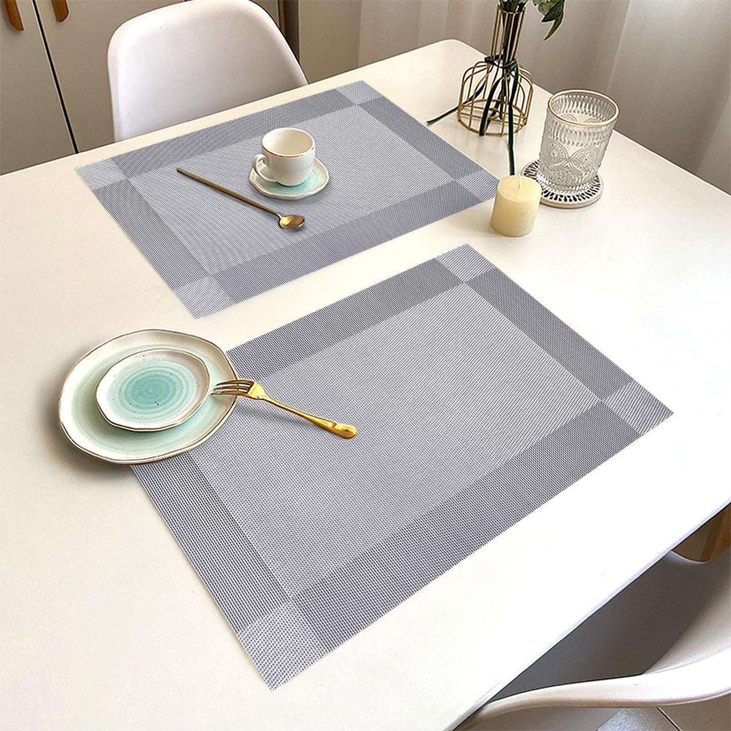 Uolr Placemats Set of 6 Washable&Wipeable Silver Place mats for Dining Table Kitchen Indoor Outdoor Table Mats Heat Resistant Non Slip Woven Vinyl Table Placemats (Grey，6PCS)
