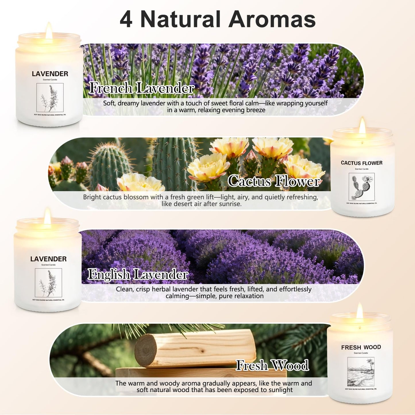 Scented Candles for Home,4 Pack Soy Candle Gift Set with 4 Fragrance Scents,Aromatherapy Lavender Floral & Wood Candles for Relaxation,Long Lasting Spa Candles for Bedroom Bathroom Gifts for Women