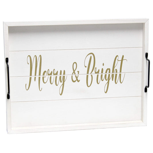 Elegant Designs HG2000-WMB Christmas Decoration 15.50" x 12", Decorative Wood Serving Tray w/Handles, White Wash Merry & Bright