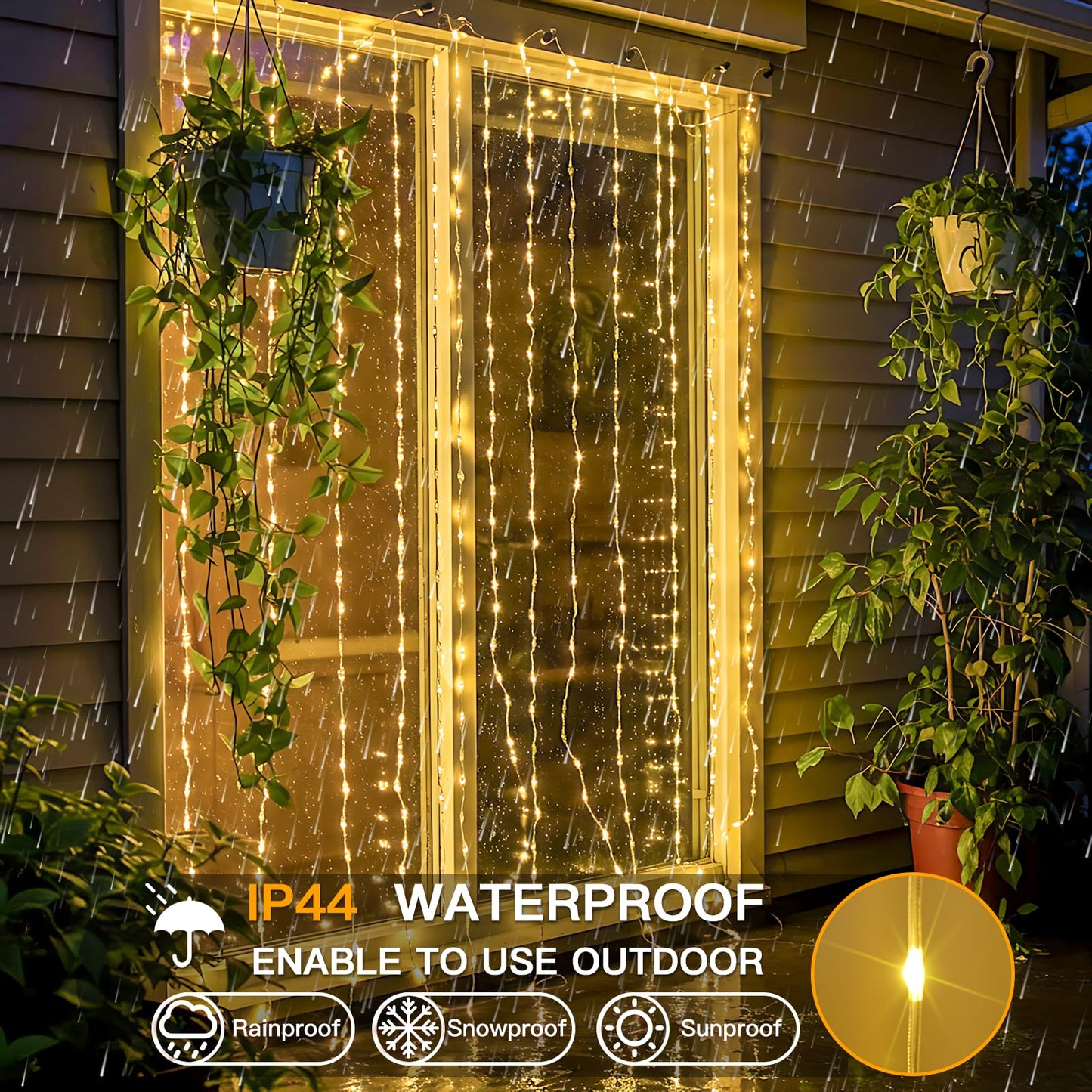 suddus Tangle-Free Curtain Lights,200 LED 6.5x6.5ft Hanging Lights with Hooks, Curtain Lights for Bedroom,Christmas, Dorm, Wall, Backdrop, Window, Wedding, Party, Birthday Decor, Warm White