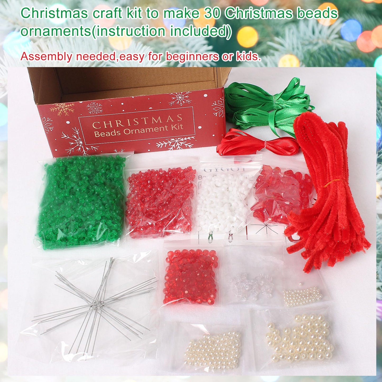 GYGOT Christmas Crafts for Adults,30 Sets Christmas Beaded Ornament Kit to Make-Incl. 6 PC Snowflake/12 PC Wreath/12 PC Candy Cane(Assembly Needed)