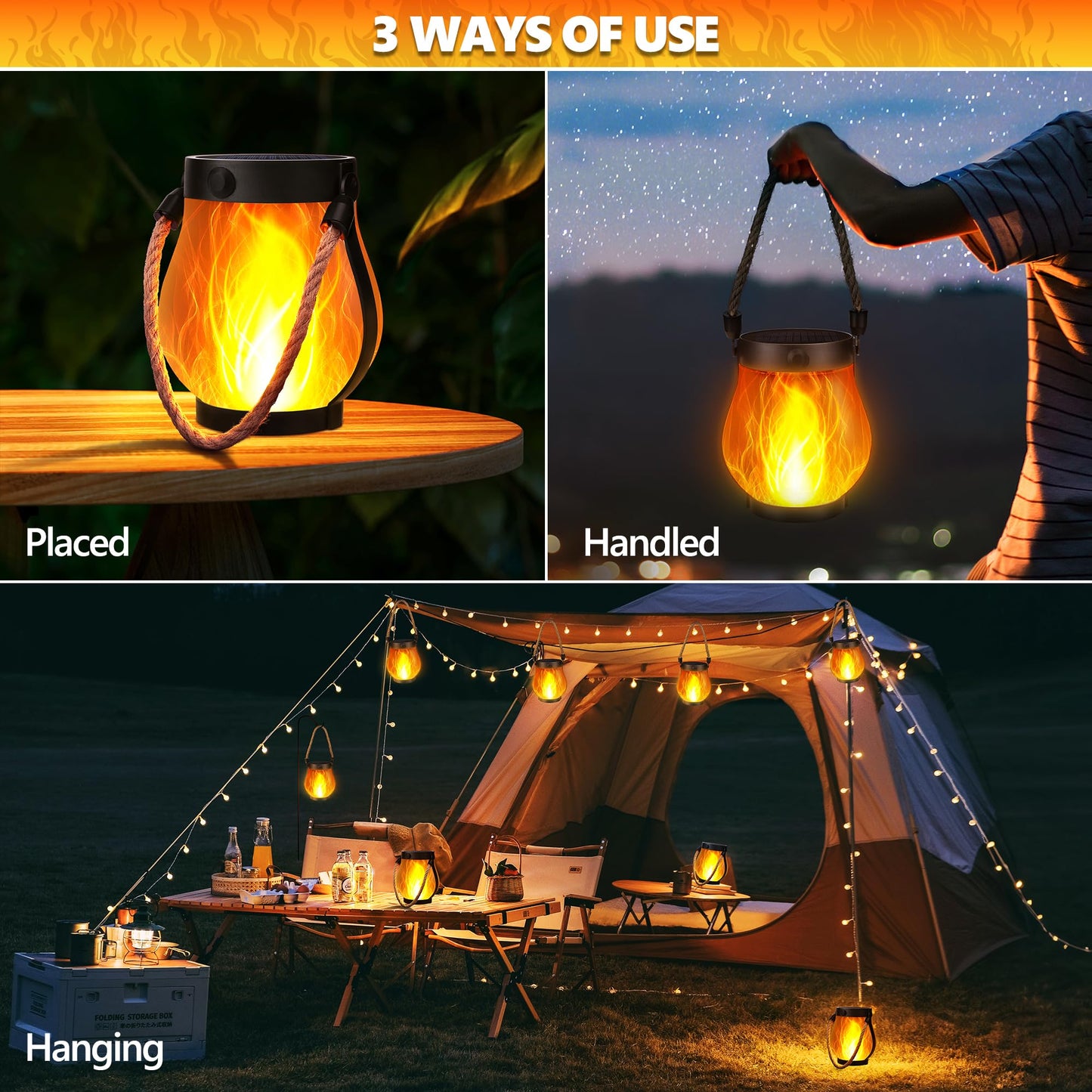 iBaycon 2 Pack Gen2 Solar Lanterns Lights, Ultra-Real Flame Garden Lights with Dual Charging USB & Solar, 2 Modes Outdoor Waterproof Hanging Lantern for Yard Home Brithday Gifts (Warm White)