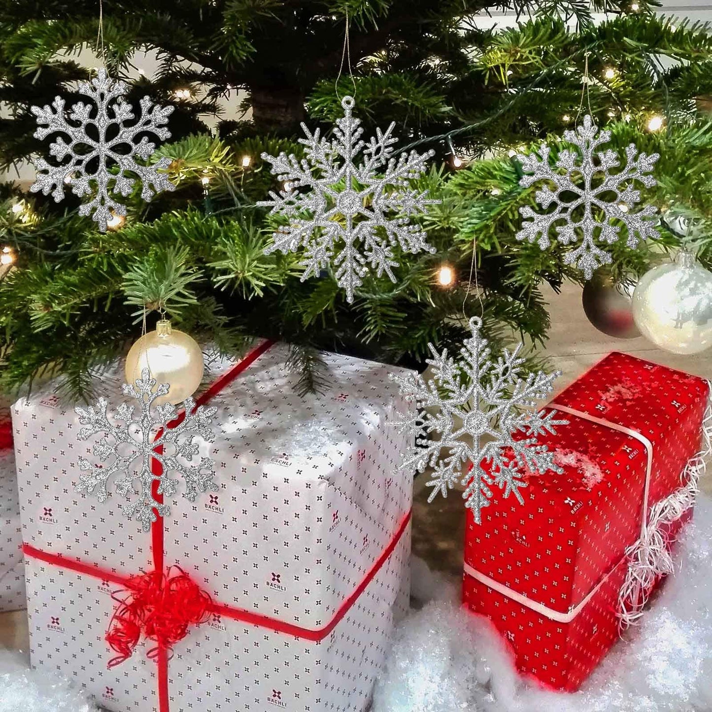 Eokeanon 36 Pack Silver Glitter Snowflake Ornaments, Plastic Christmas Glitter Snowflake Winter Wonderland Christmas Tree Decorations, 4 Inch, Silver