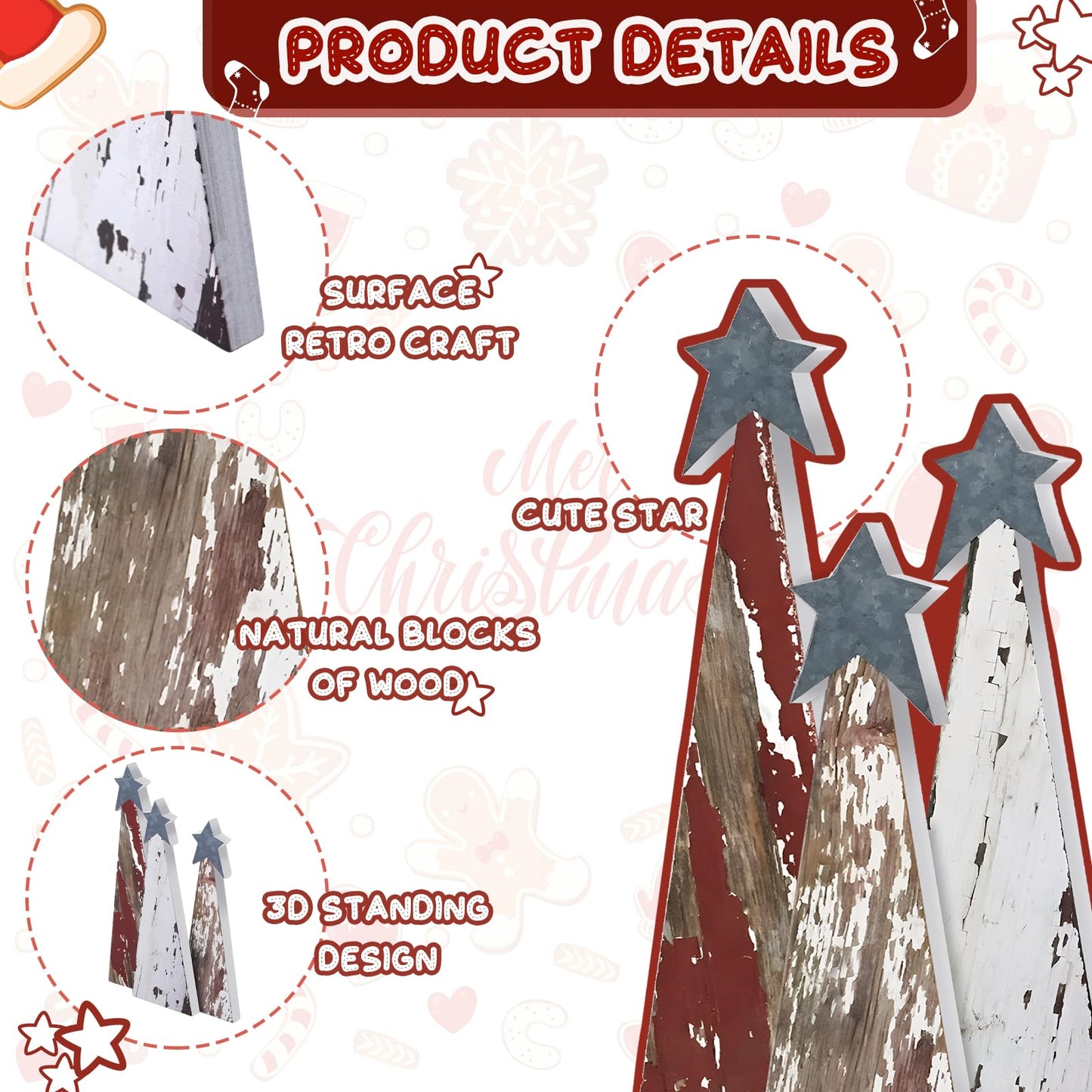 Soaoo 3 Pcs Rustic Christmas Tree Wooden Table Decorations Farmhouse Small Christmas in July Tabletop Centerpieces with Standing Top Star for Home Shelf Mantel Fireplace Table Party Decor