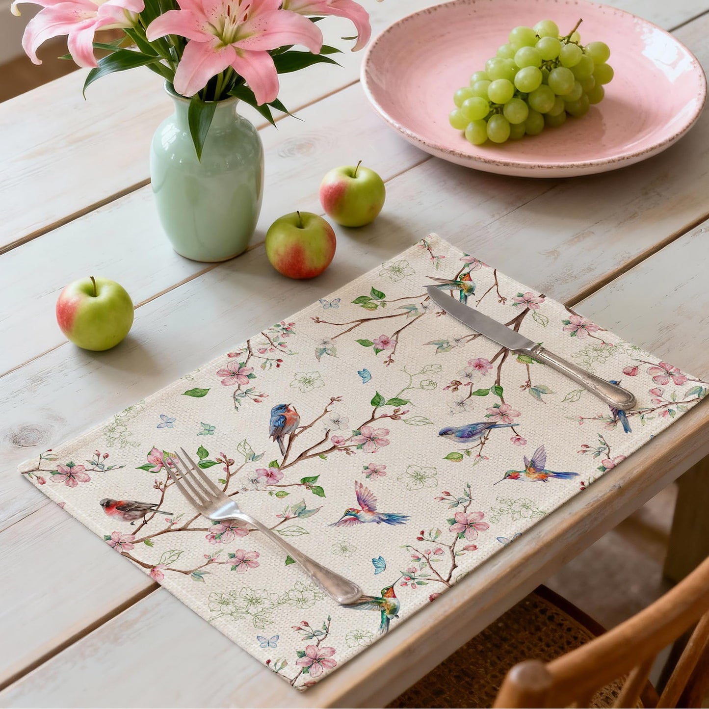 Cusugbaso Spring Placemats Set of 4 12x18 inch for Dinning Table - Floral Bird Branch Spring Decor for Party, Dinner - Farmhouse Seaosonal Table Mats Floral Decroations for Home