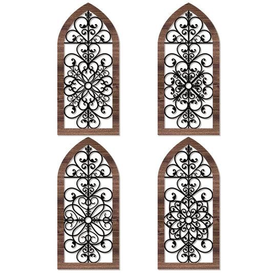 4 Pieces Thicken Rustic Wood Wall Decor Arch Modern Farmhouse Wall Art Decor Wooden Hollow Carved Design Rustic Home Art for Living Room Bedroom Office Kitchen (Classic Style)