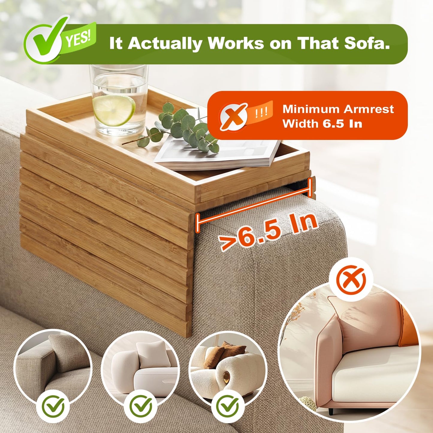 B-Zefyrn Sofa Arm Tray, Foldable Bamboo Couch Armrest Table with Large 12.5" x 5.8" Storage Compartment, Portable Chair Couch Caddy Arm Tray for Cup TV Snacks Phone Remote Anti-Slip Bottom