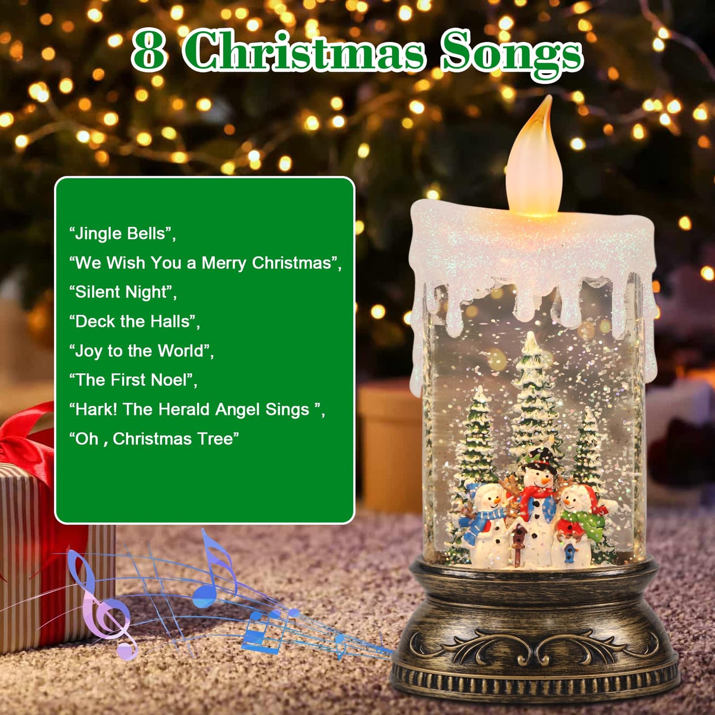 Eldnacele Christmas Music Snow Globe Lantern with 6H Timer Battery Operated & USB Powered Lighted Snowman Family Singing Snow Globe Candle Lamp Spinning Water Glitters Xmas Holiday Decor