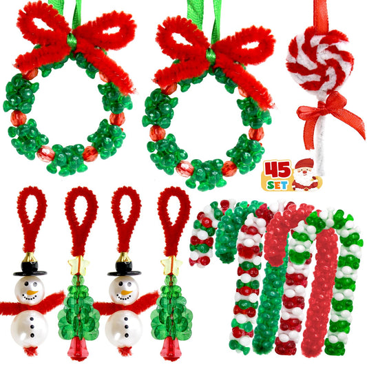 Hifunwu 45 Sets Christmas Beads Ornament Kit, Christmas Crafts with Pipe Cleaners to Make Snowman Christmas Tree Wreath Candy Cane Lollipop