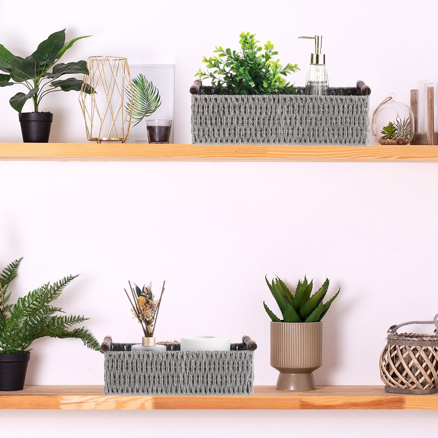 Boao 3 Pcs Boho Storage Wicker Baskets Handmade Woven Decorative Paper Rope Baskets for Organizing with Handle Countertop Toilet Paper Storage Container for Toilet Tank Top(Grey,Rectangle)