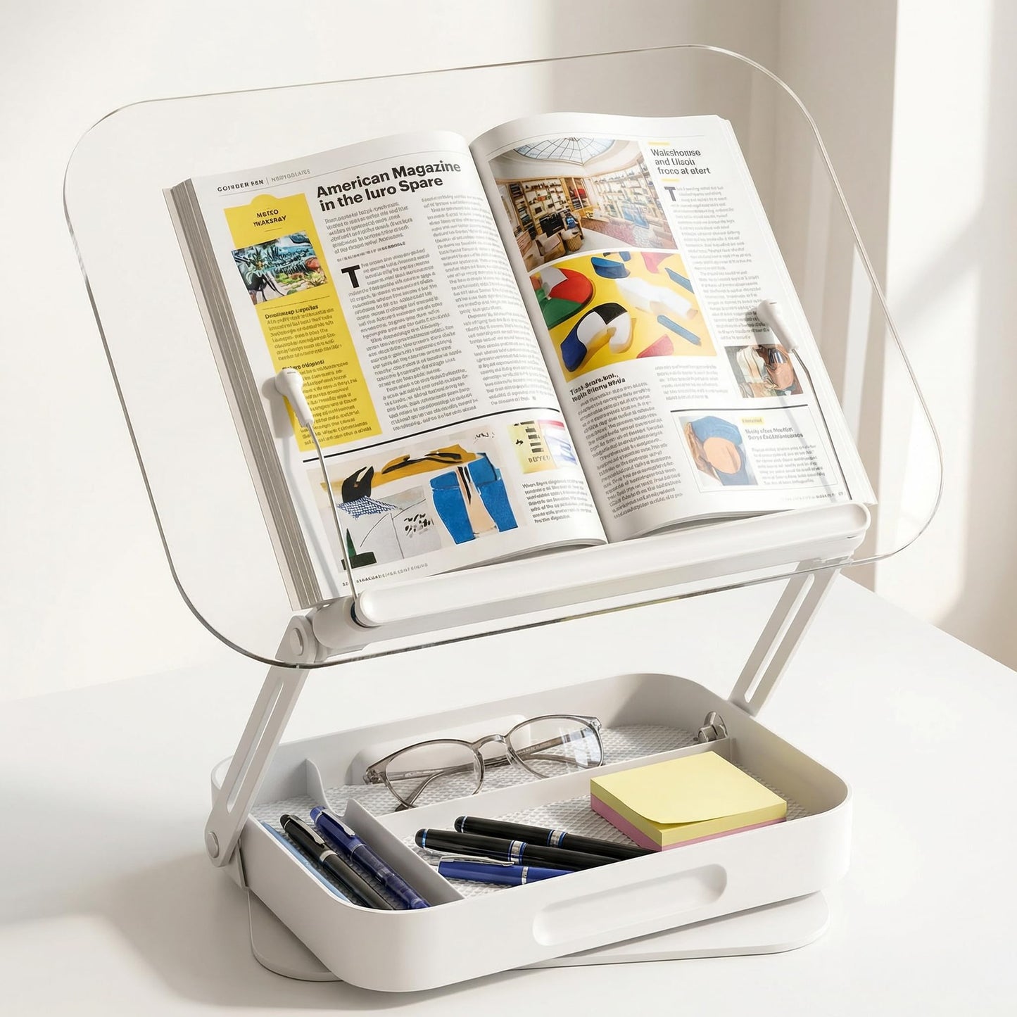 Lifcozy Book Stand for Reading, Acrylic Adjustable Book Holder with Book Page Holder, 360°Cookbook Stand with Storage for Kitchen Counter, Hands Free Recipe Book Holder for Textbook Cookbook, Clear