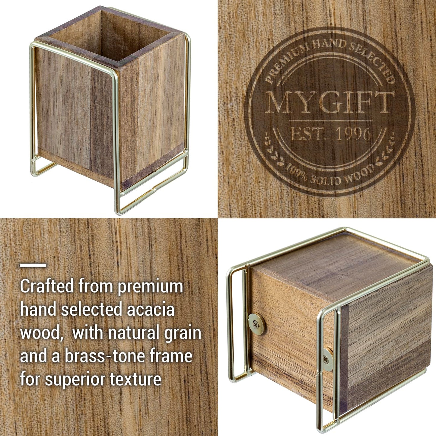 MyGift 3 Inch Modern Premium Solid Acacia Wood and Brass Tone Metal Wire Desktop Pencil Cup, Wooden Tabletop Pen Holder, Office Desk Stationery