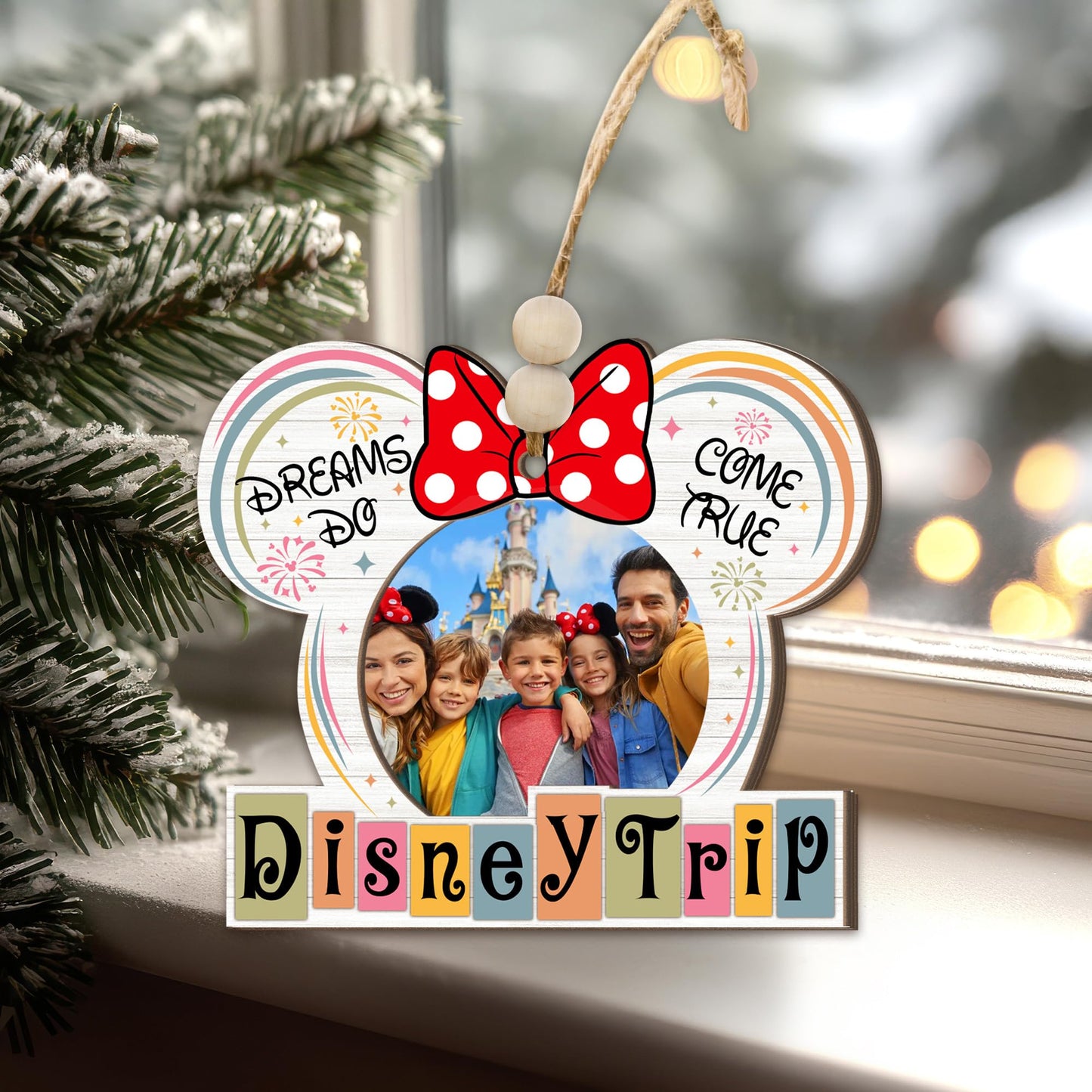 Family Vacation Trip Wooden Photo Ornament – Ears with Bow Design, “Dreams Do Come True” Family Vacation Magic Kingdom Keepsake, Rustic Holiday Decoration with Photo Frame