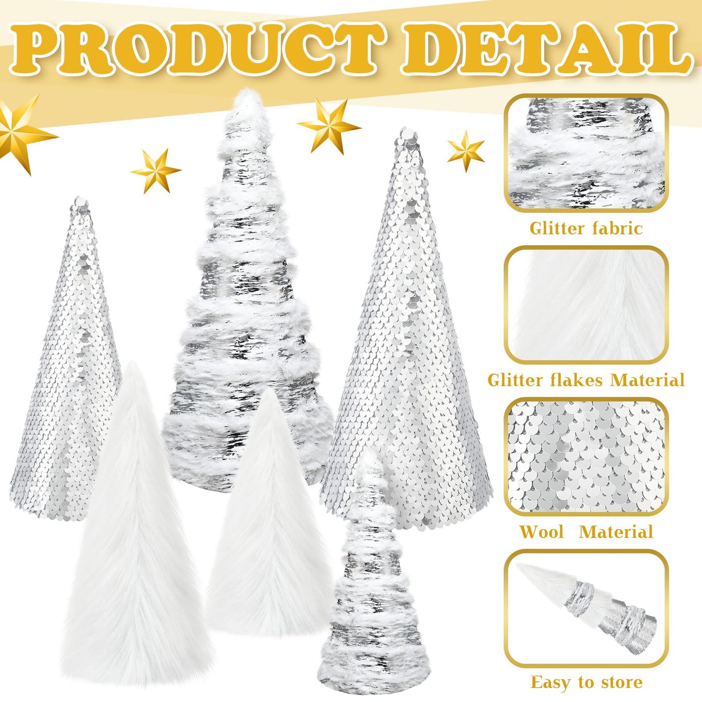 Kigley 6 Pcs White Feather Christmas Cone Tree 10.5" 8" 6" Cone Pedestal Decor Silver Sequins Christmas Tree Table Decorations Xmas Table Centerpiece Farmhouse Xmas Home Winter Holiday Tabletop Decor