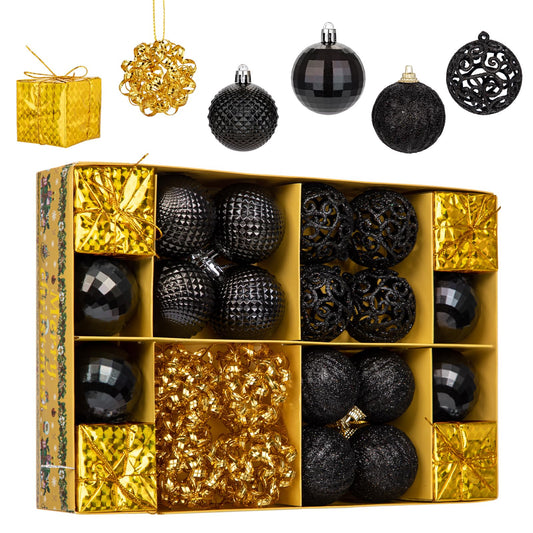 Christmas Ball Ornaments Set, 24ct Black and Gold Shatterproof Christmas Ornaments Tree Decorations, 1.9 Inch Decorative Hanging Ornament Bulk for Xmas Holiday Party Decor