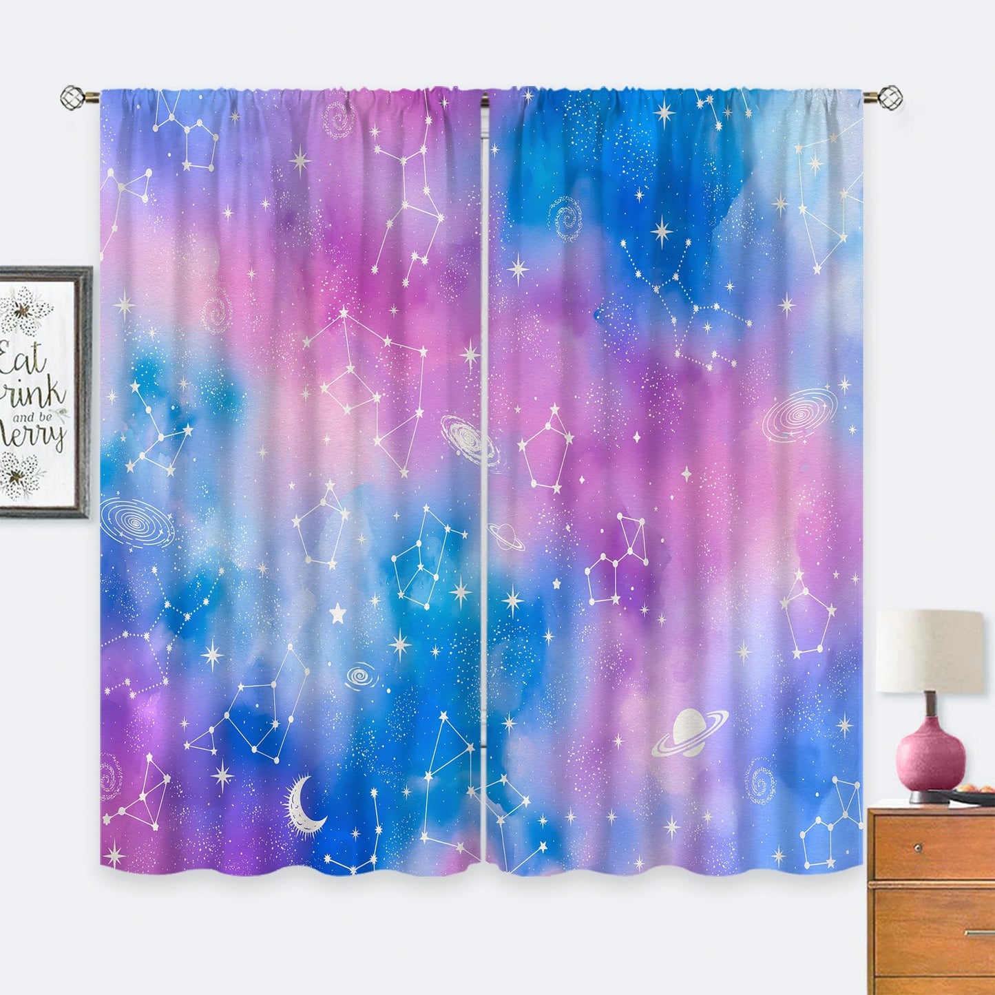 Cinbloo Tie Dye Curtains 42Wx63H Inch Rod Pocket Ombre Blue Pink Purple Galaxy Bedroom Decor Constellation Gradient Watercolor Starry Sky Teen Girl Living Room Window Drapes 2 Panel