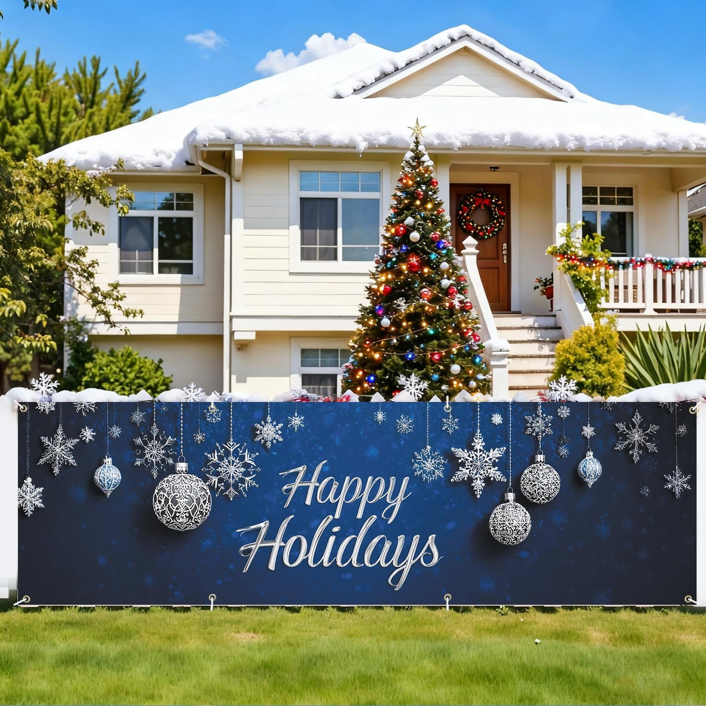 Happy Holiday swith Snowflakes and Ornaments Banner 10x3 Ft - Outdoor Christmas Decor with Interactive Illusion of Santa Emerging, Fun Holiday Display