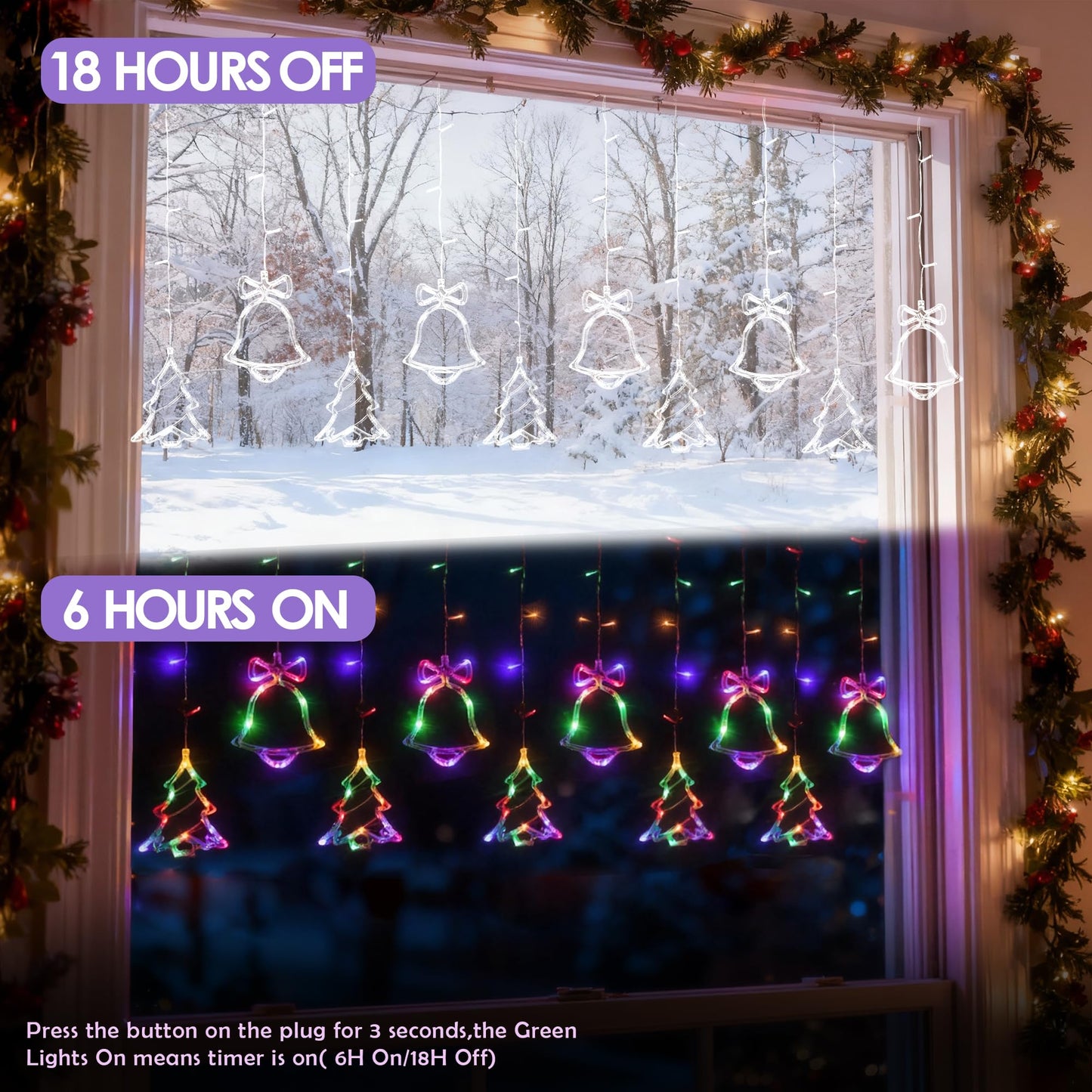 NWLIGHT Christmas Window Lights 140LED, 9ft Christmas Curtain Lights with Tree Bell 8 Modes Xmas String Lights Decorations for Bedroom Wall Window Indoor Outdoor Party Decor
