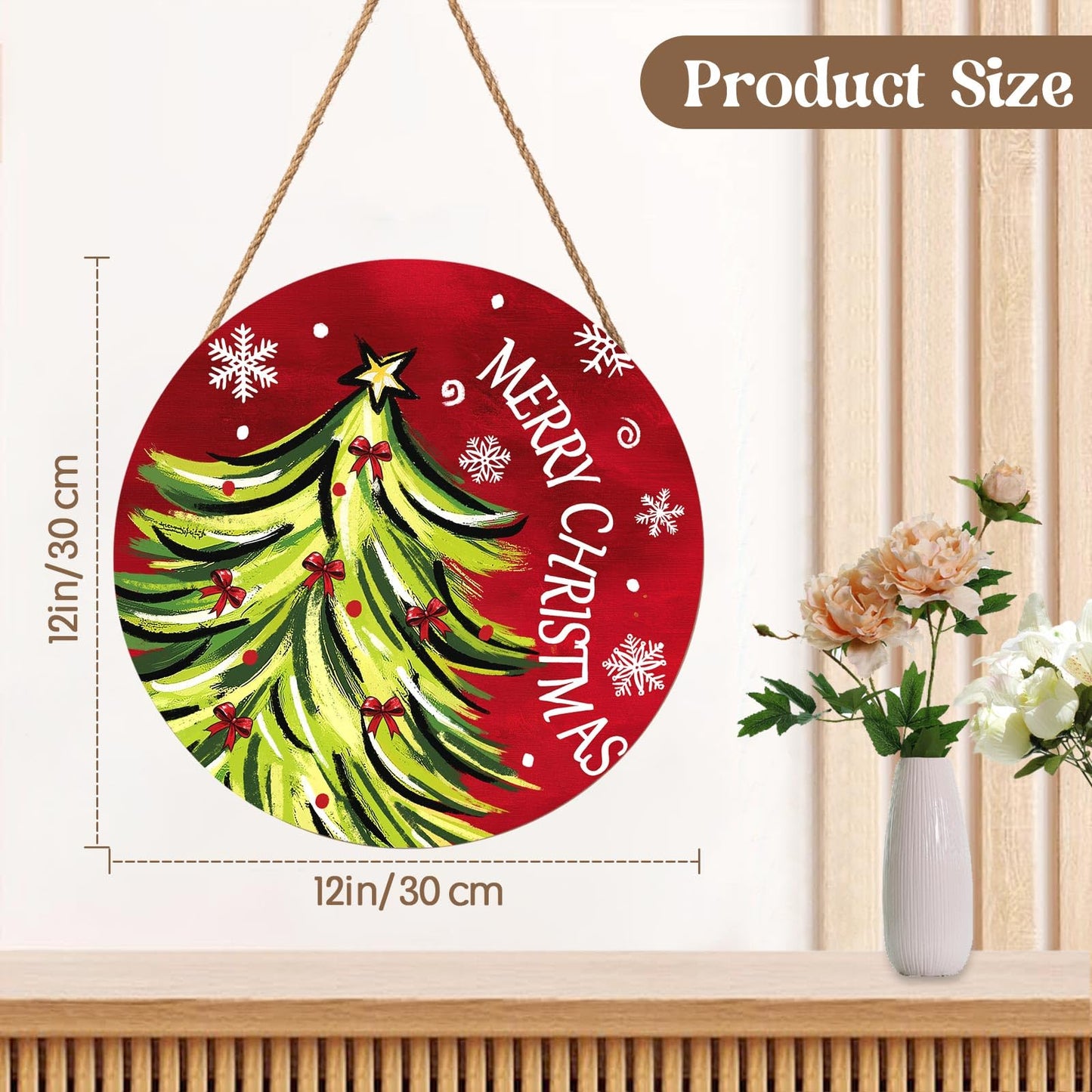 Merry Christmas Door Sign,Christmas Tree Decorations Wooden Holiday Hanging Sign for Front Door,Winter Red Christma Decorations for Home Garden Christm New Year 12"x12"