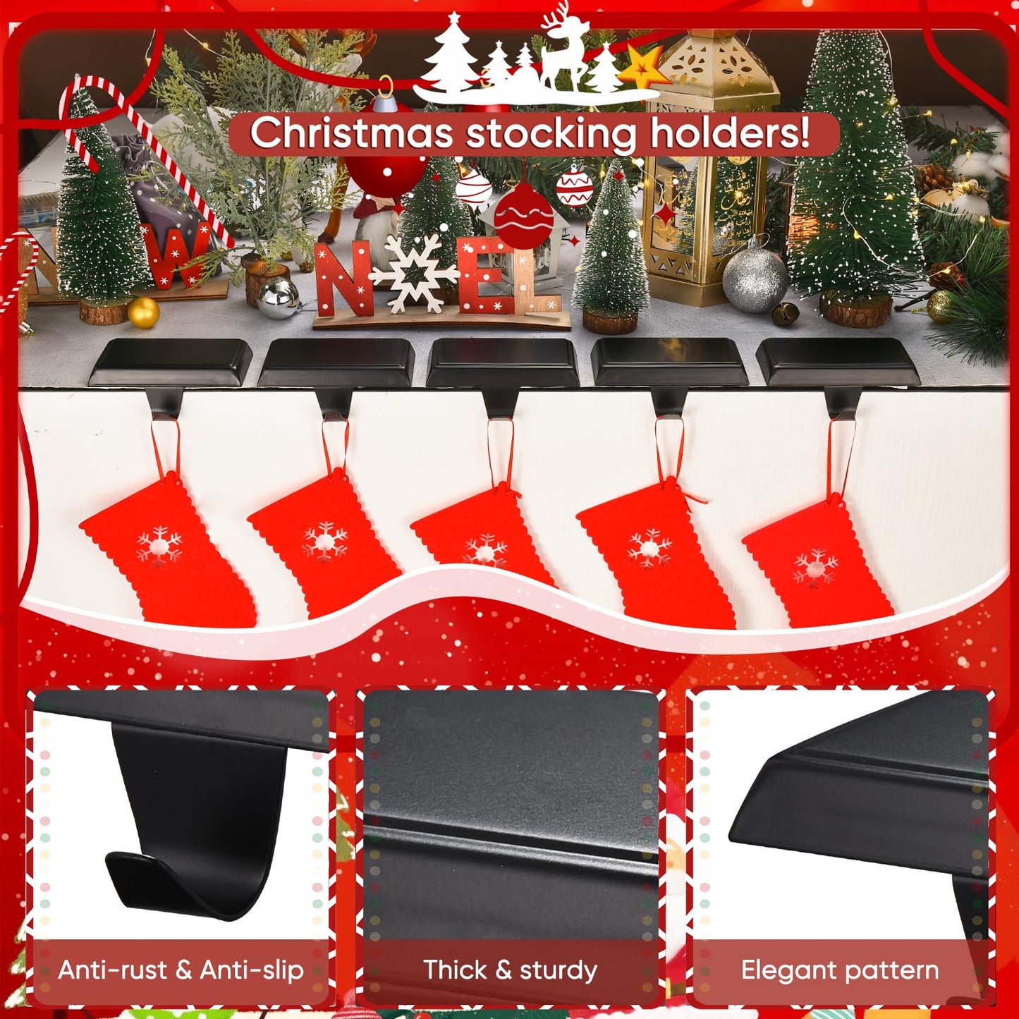 Christmas Stocking Holders for Mantle, Weighted Stocking Hangers, Christmas Stocking Hooks for Tables Window Fireplace Mantle Decoration(Black,4PCS)