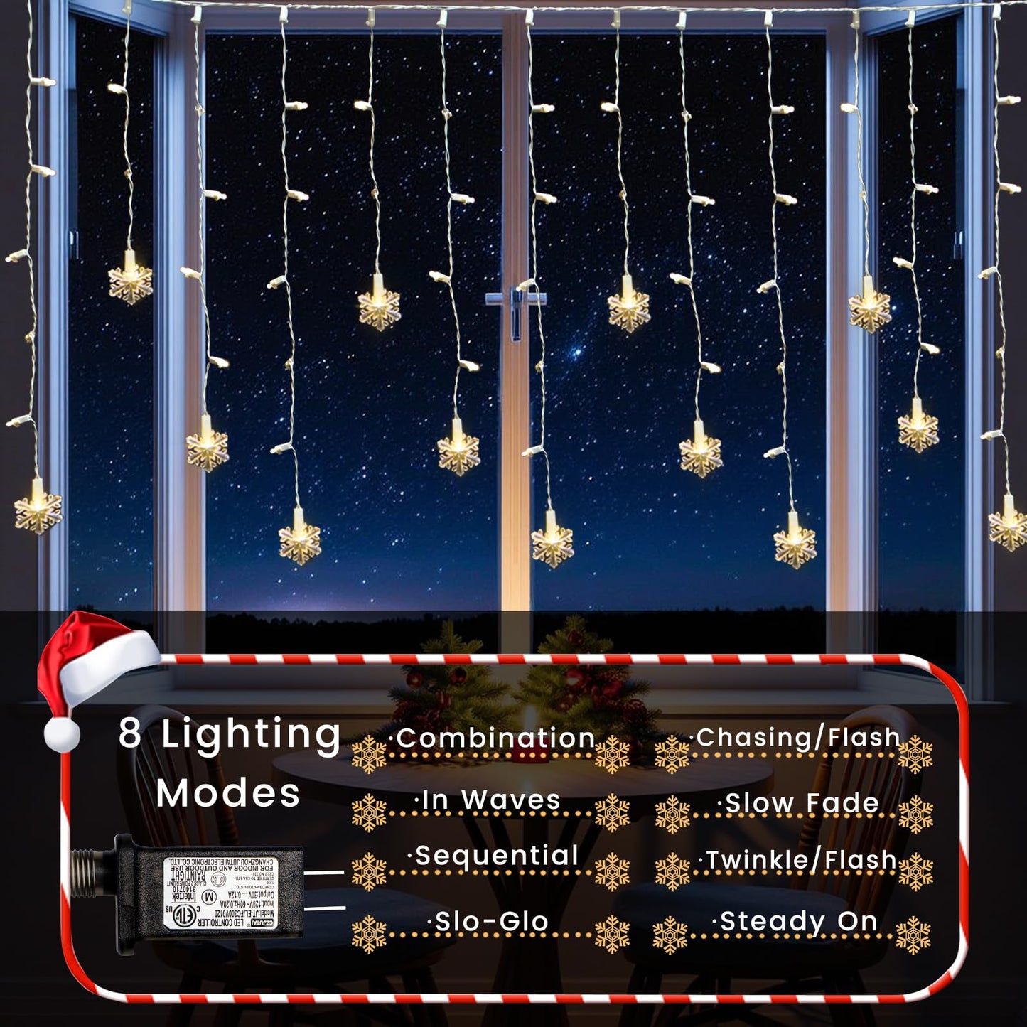 LitTerra Icicle Lights for Outside 180 LED 26.4ft 30 Drops Icicle Christmas Lights Outdoor Snowflake with 8 Mode Function Curtain String Lights Indoor for Patio Garden Bedroom (no Remote, 1)