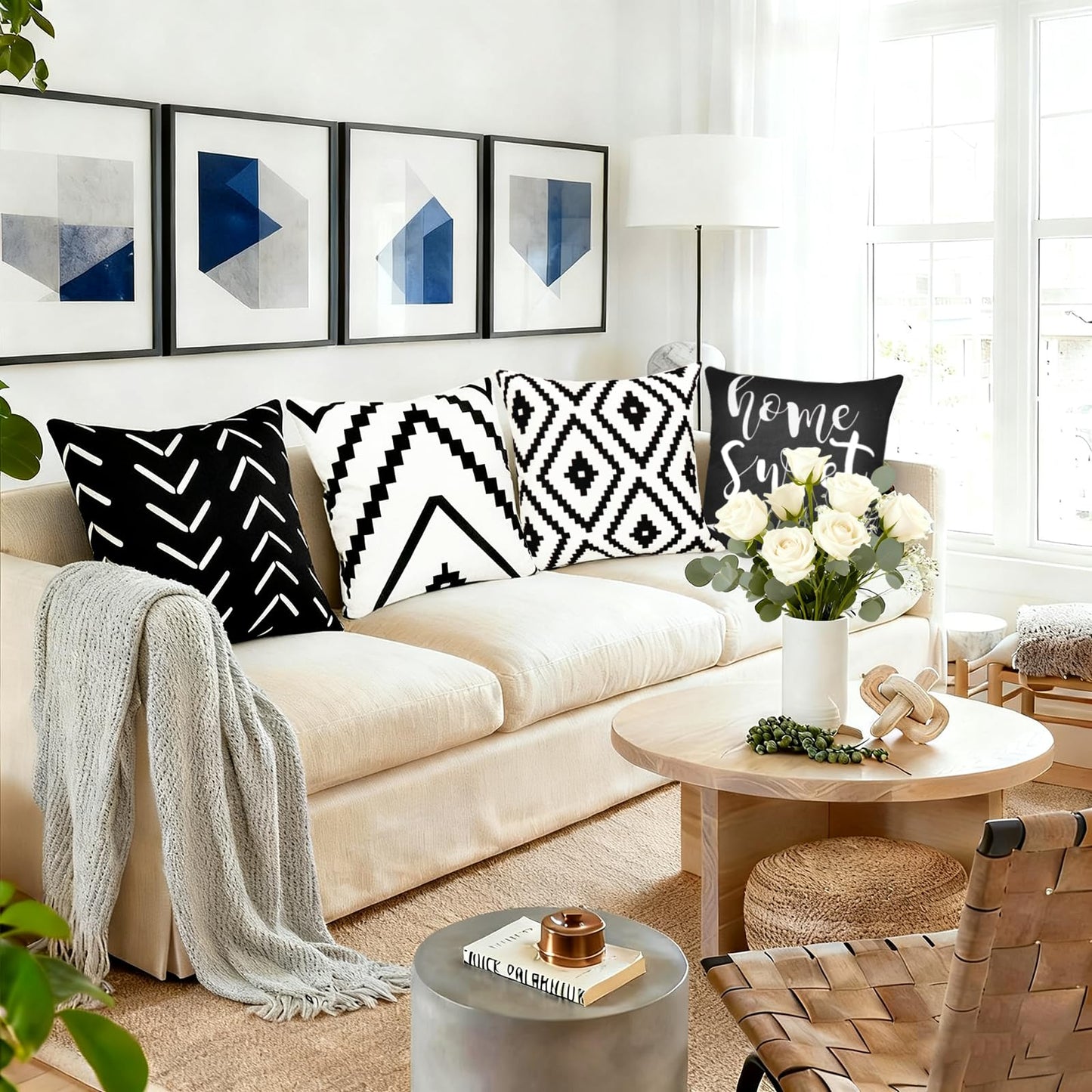 RYSMIYOU Decorative Throw Pillow Covers 18x18 inch Set of 4 Black White Pillow Covers for Couch Sofa Bed Living Room,Farmhouse Outdoor Throw Pillow Cover,Geometric Linen Square Throw Pillow Cases