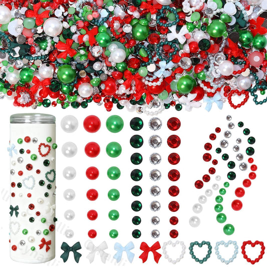Christmas Red Green Mixed Flatback Rhinestones & Pearls, Pearl and Rhinestones for Crafting, Pearls Heart Bows Nail Charms for Christmas Craft DIY Ornaments, Tumbler Cups, Nail Art and Gift Making