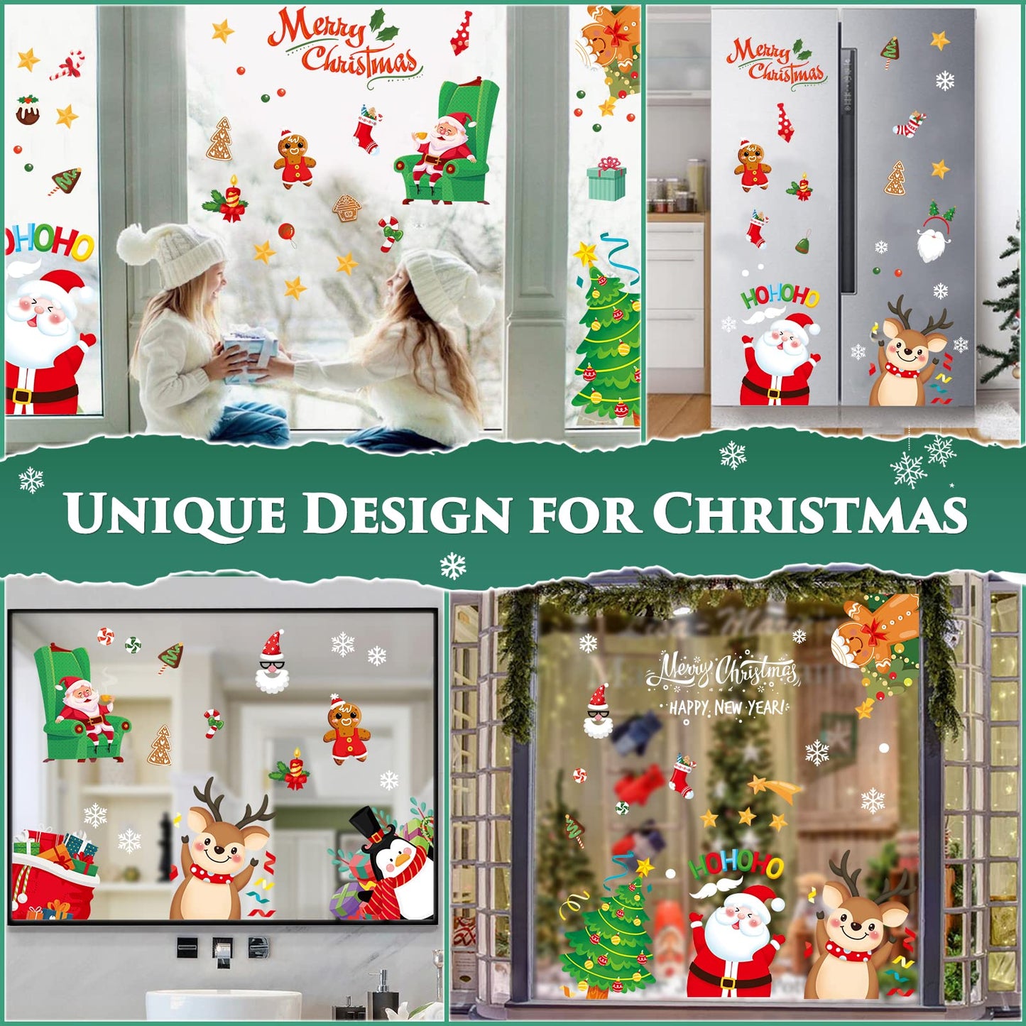 Christmas Window Clings, Christmas Window Decorations Santa Snowman Reindeer Xmas Snowflake Merry Christmas Window Clings, Double-Side Window Stickers for Party Xmas Decorations Home School (9 Sheets)