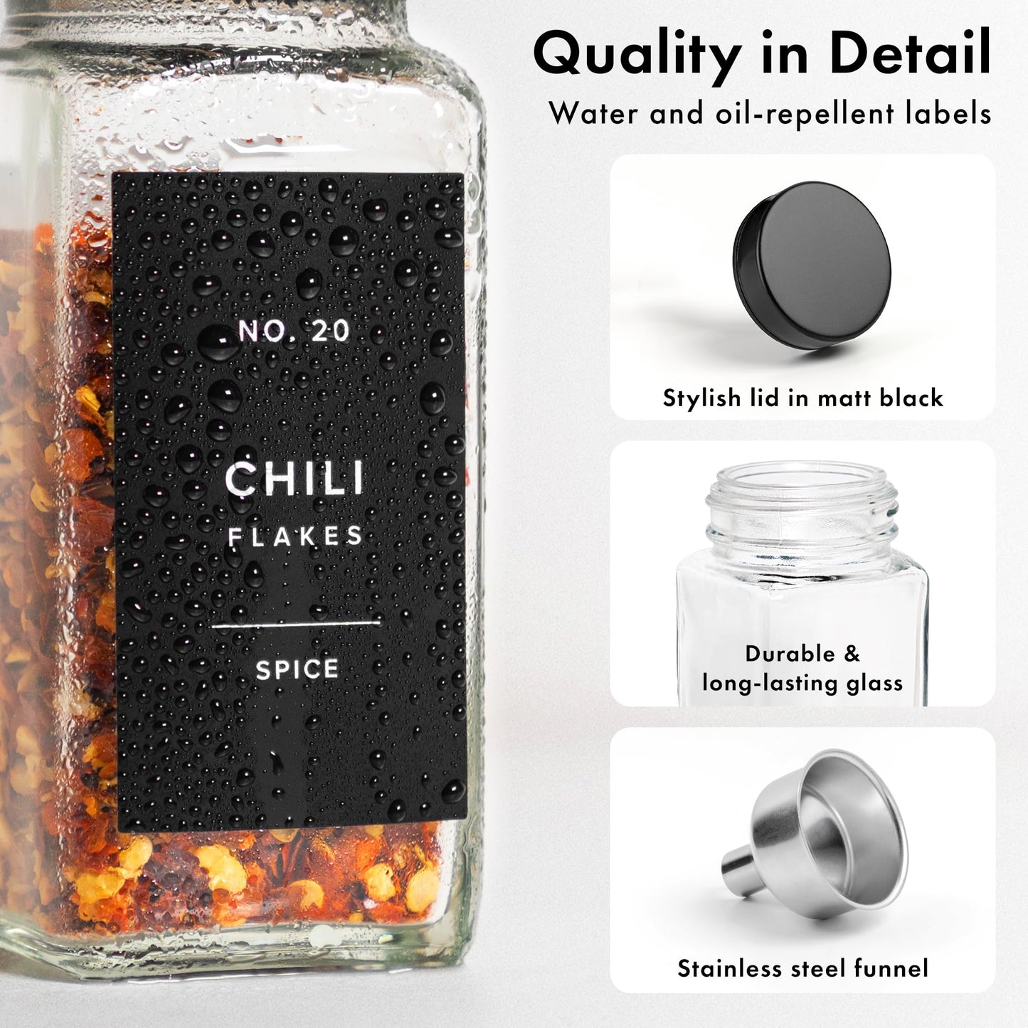 EDELHAUS Glass Spice Jars with Label and Black Lids (24 x 4oz) Spice Containers with 240 Labels, Shaker Inserts, Steel Funnel, Empty Square Empty Square Seasoning Organizer