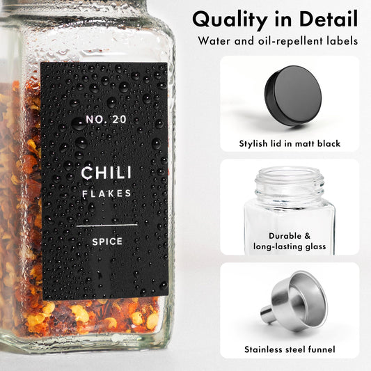 EDELHAUS Glass Spice Jars with Label and Black Lids (24 x 4oz) Spice Containers with 240 Labels, Shaker Inserts, Steel Funnel, Empty Square Empty Square Seasoning Organizer