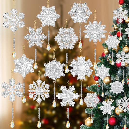 Poen 12 Pcs Winter Snowflake Diamond Art Ornaments White 5D Keychains Suncatchers for Adults Wind Chimes Holiday DIY Diamond Tags Hanging Kits Pendant Ornaments DIY for Craft