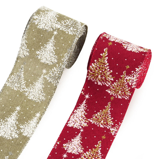 Threetols 2 Rolls 10 Yards Christmas Wired Edge Ribbons, 2.5inch Red Brown Ribbons, Glitter Christmas Tree Snowflake Ribbon for Winter Xmas Party DIY Craft Wreath Bow Decor