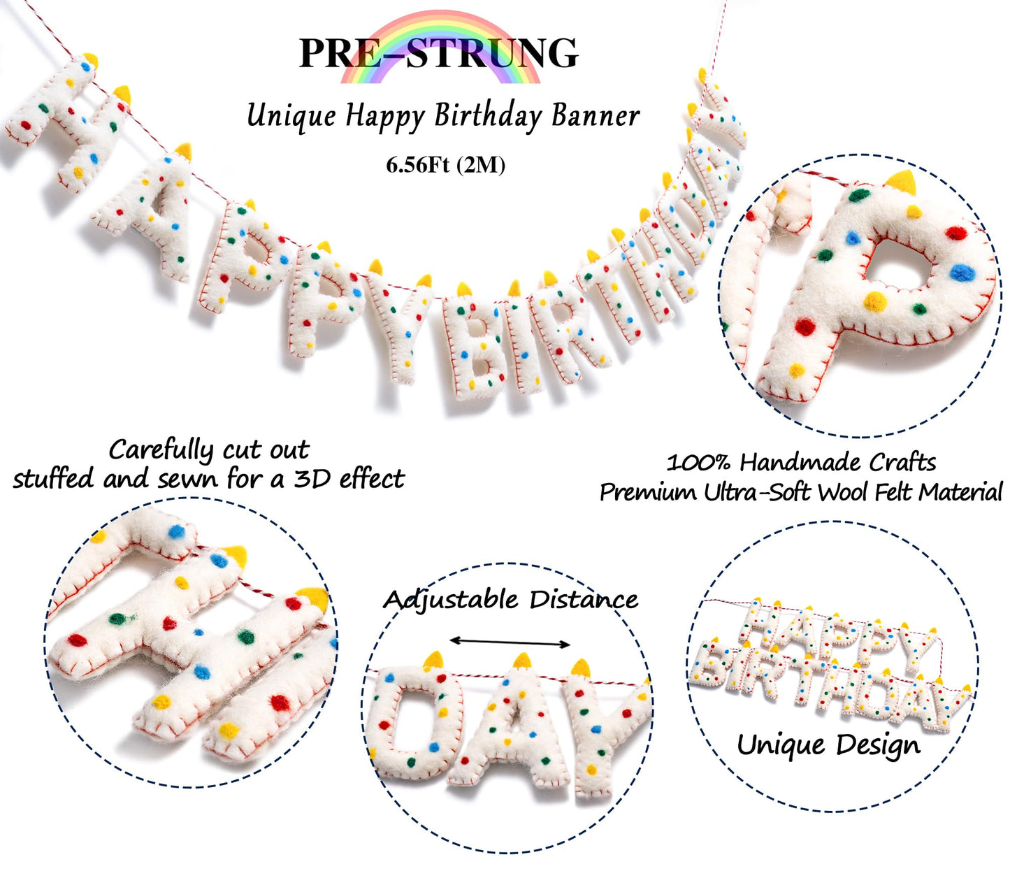 Pre-Strung Happy Birthday Banner Handmade Wool Felt HAPPY BIRTHDAY Garland, Reusable Rainbow Party Decorations,Personalized Holiday Sign for Kids Birthday Party Decor,Photo Prop (Confetti Dots Banner)