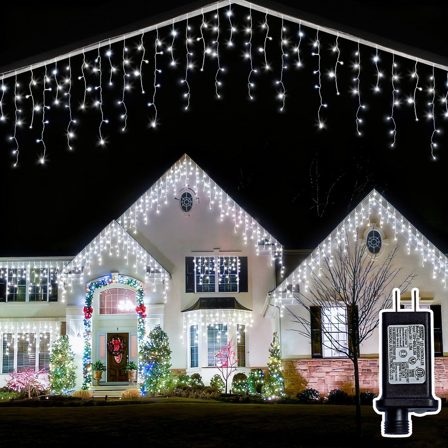BYIZO Christmas Outdoor Icicle Lights - 480 LED 66+33 FT 8 Modes Curtain Fairy String Light Plug in, Waterproof for Eaves Yard Holiday Xmas Holiday Indoor Outdoor Decoration - White