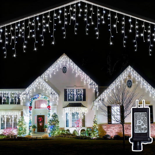 BYIZO Christmas Outdoor Icicle Lights - 480 LED 66+33 FT 8 Modes Curtain Fairy String Light Plug in, Waterproof for Eaves Yard Holiday Xmas Holiday Indoor Outdoor Decoration - White