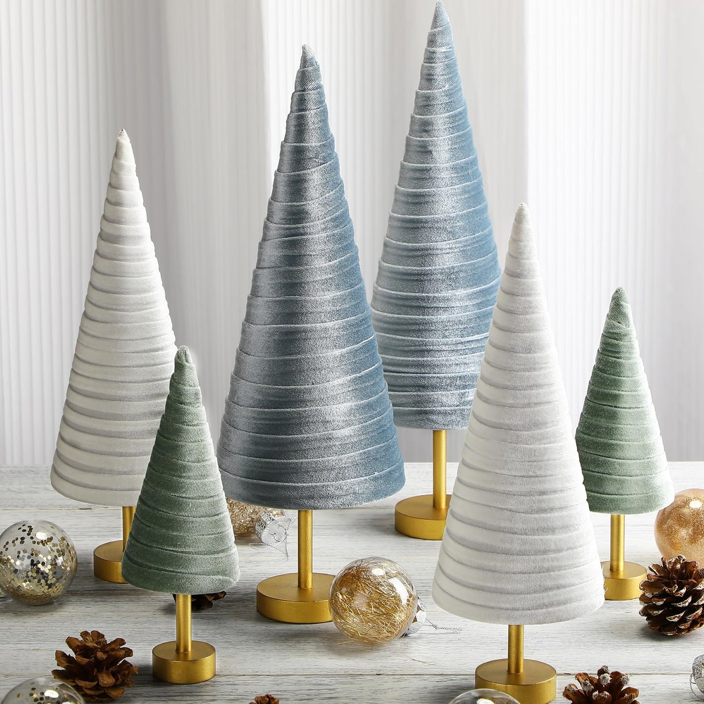 Hoolerry 6 Pcs Christmas Velvet Trees with Gold Pedestal Christmas Velvet Cones Tree Mantel Decor Modern Rustic Winter Home Minimalist for Holiday Entryway Table Wedding Centerpiece(Morandi)