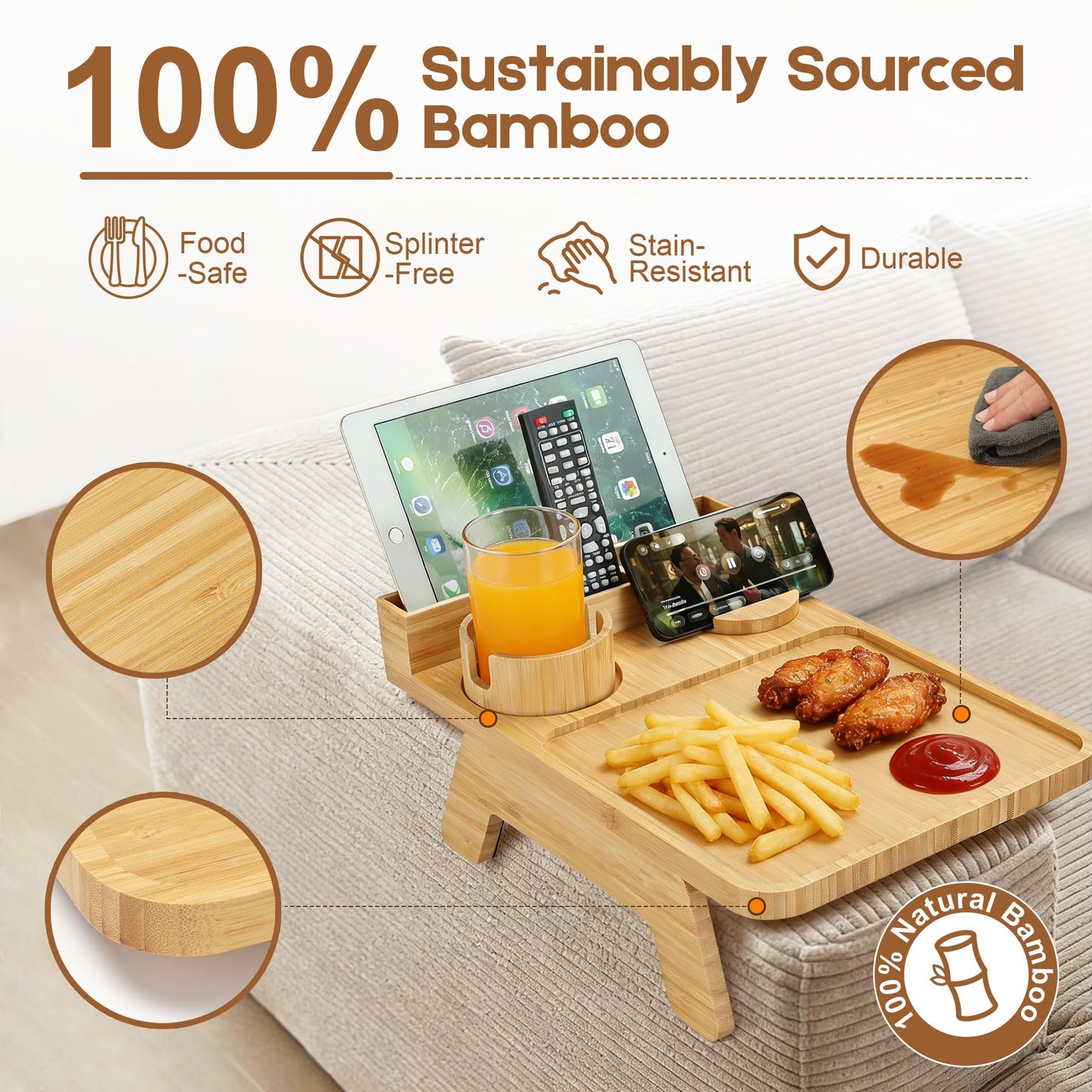 Premium Bamboo Sofa Arm Tray - Couch Armrest Table with Cup Holder, Phone Stand & Storage Compartment, Non-Slip Snack Tray for Living Room, Bedroom, Fits Most Sofa Armrests
