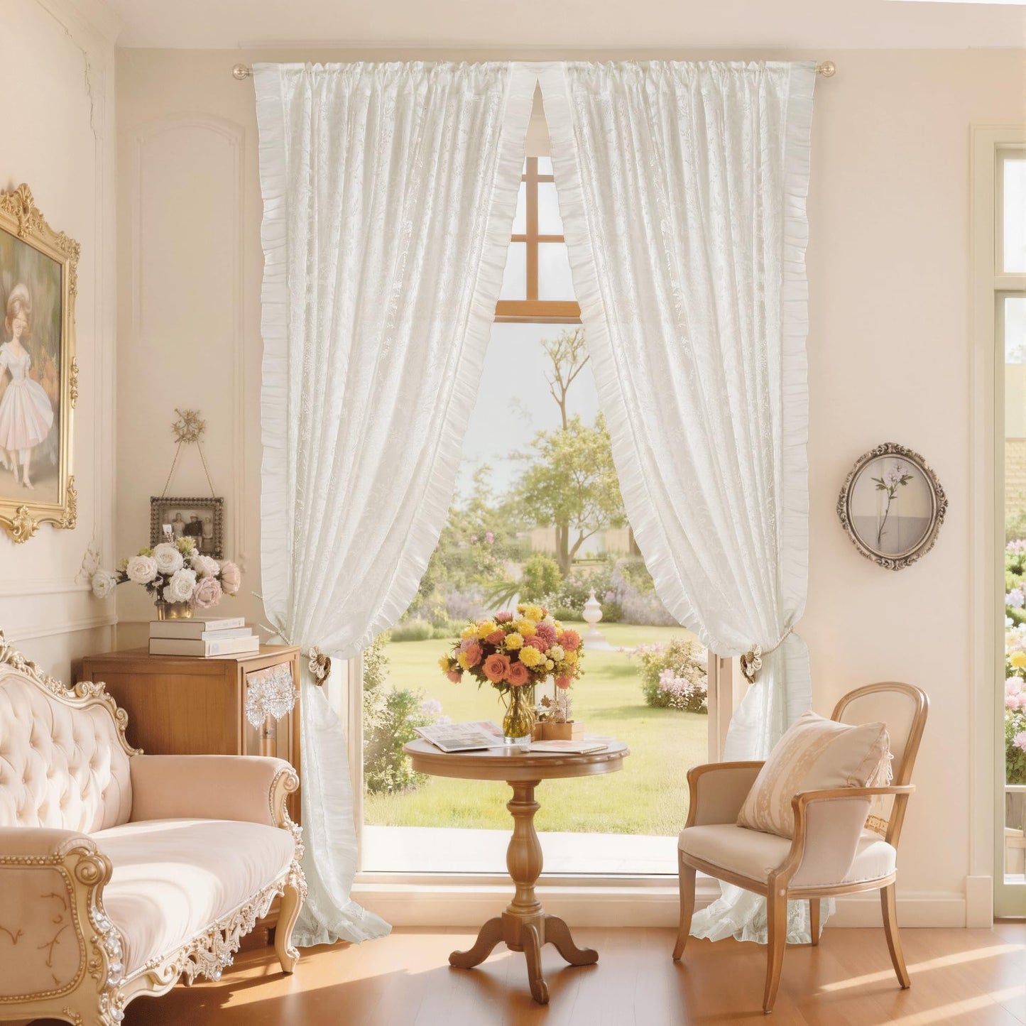 NICETOWN White Sheer Shabby Chic Lace Curtains for Bedroom, Rod Pocket & Back Tab Leaf Pattern Semi Sheer Window Treatments Privacy with Light Filtering for Living Room, 2 Panels