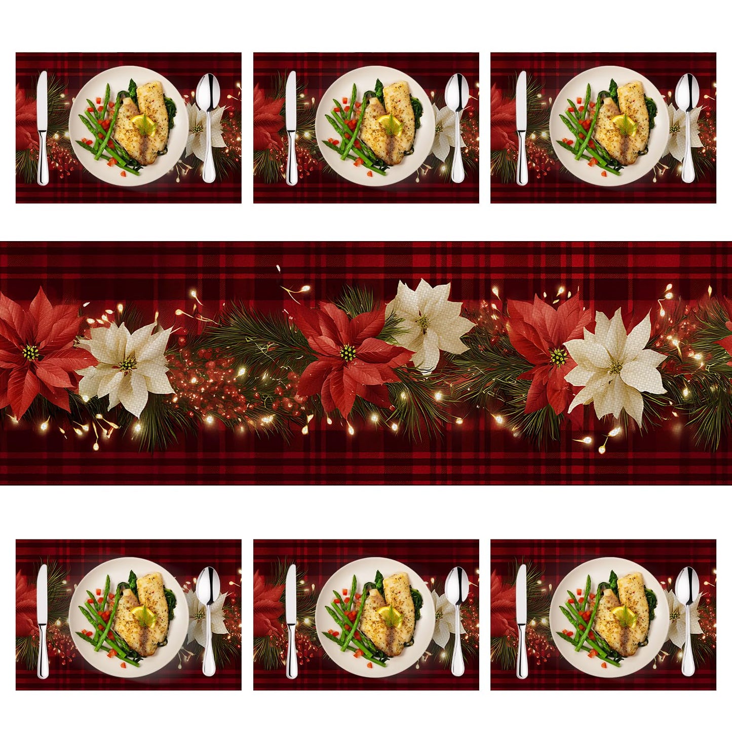 Christmas Table Runners and Placemats Set of 6, Red Plaid with Poinsettia & Floral Design, Perfect for Holiday Dining, 7-Piece Christmas Table Decoration