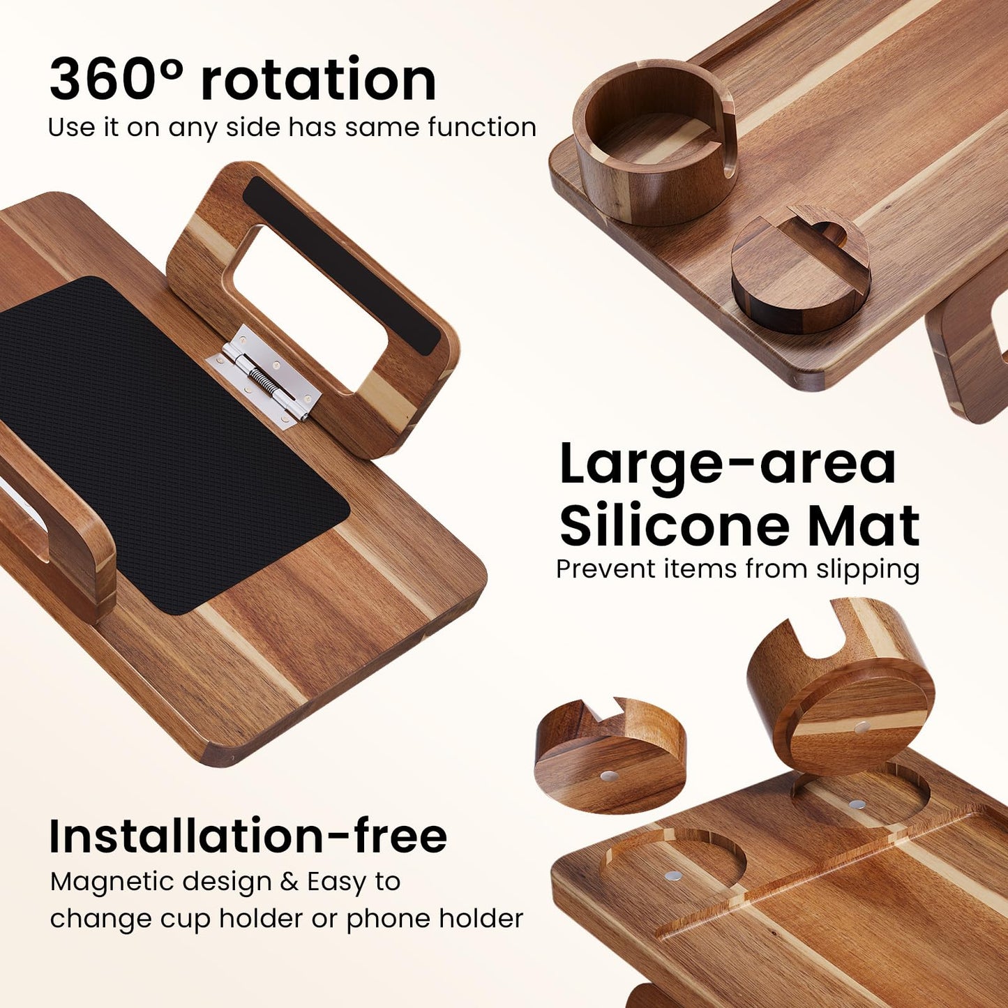 Danfoxer 3 in 1 Acacia Wood Couch Arm Tray,Couch Tray with Cup Holder and Phone Holder,Folding Sofa Armrest Trays Clip-On Sofas Desk for Drinks,Snacks,Phone,Remote Control