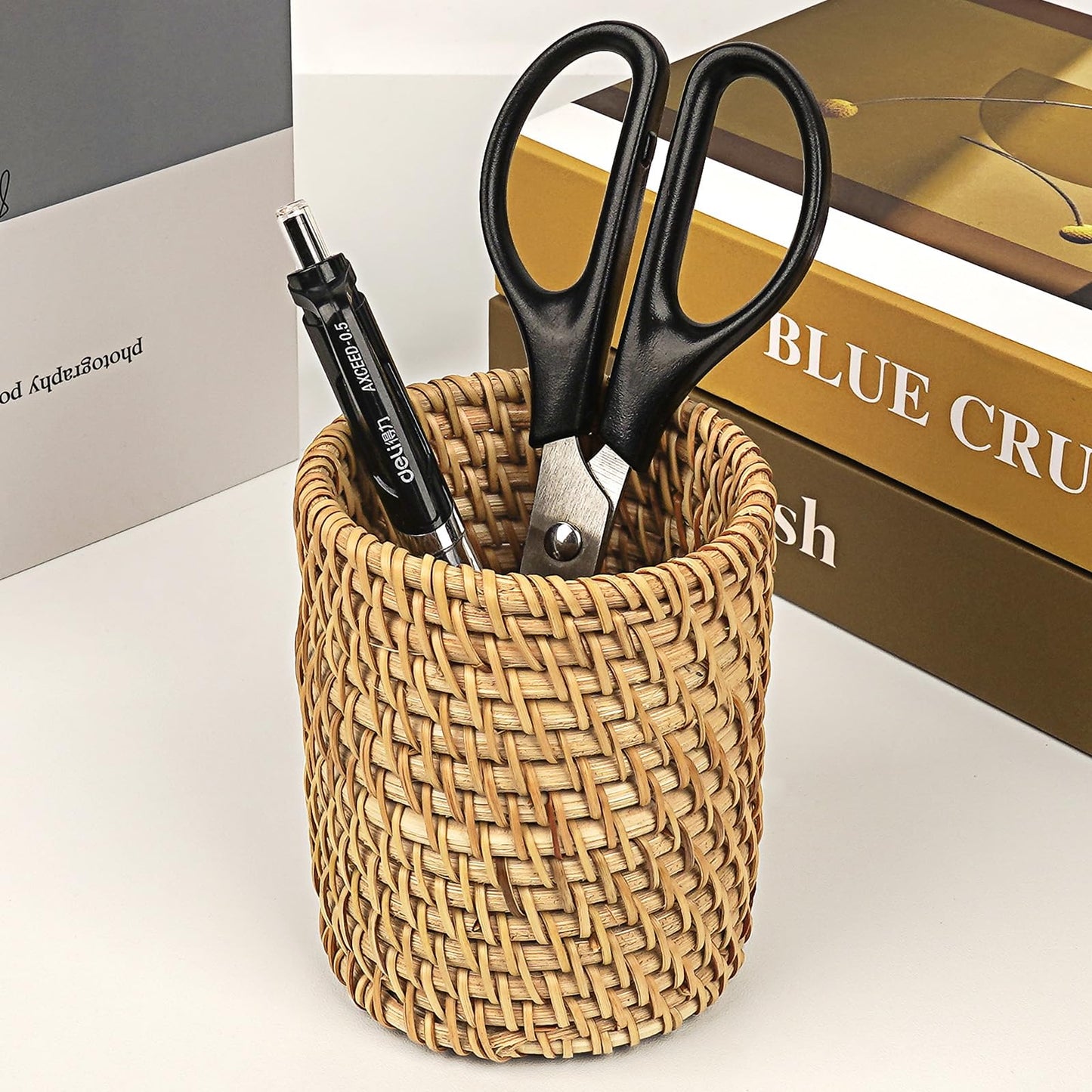 JANKOW Wicker Rattan Pencil Holder, Cylindrical Desk Organizer Cup, Natural Brown, for Office, Vanity, Kitchen, 1-Pack
