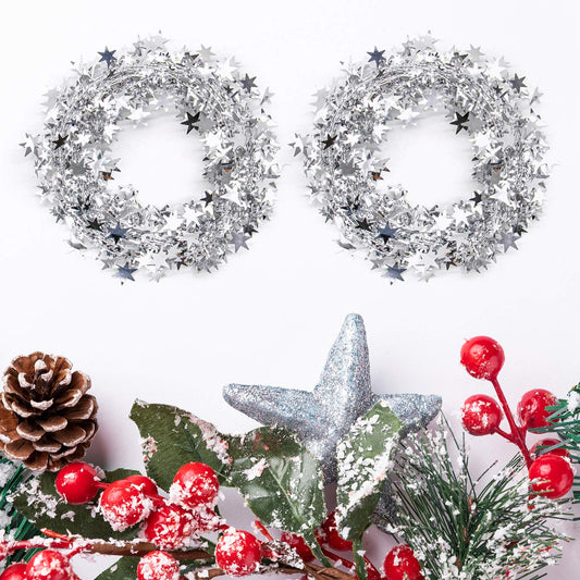 AUEAR, 2 Rolls 50 Ft Silver Sparkly Star Tinsel Garlands with Wire Christmas Decorations for Xmas Tree Home Wedding Birthday Party Festive Ornament