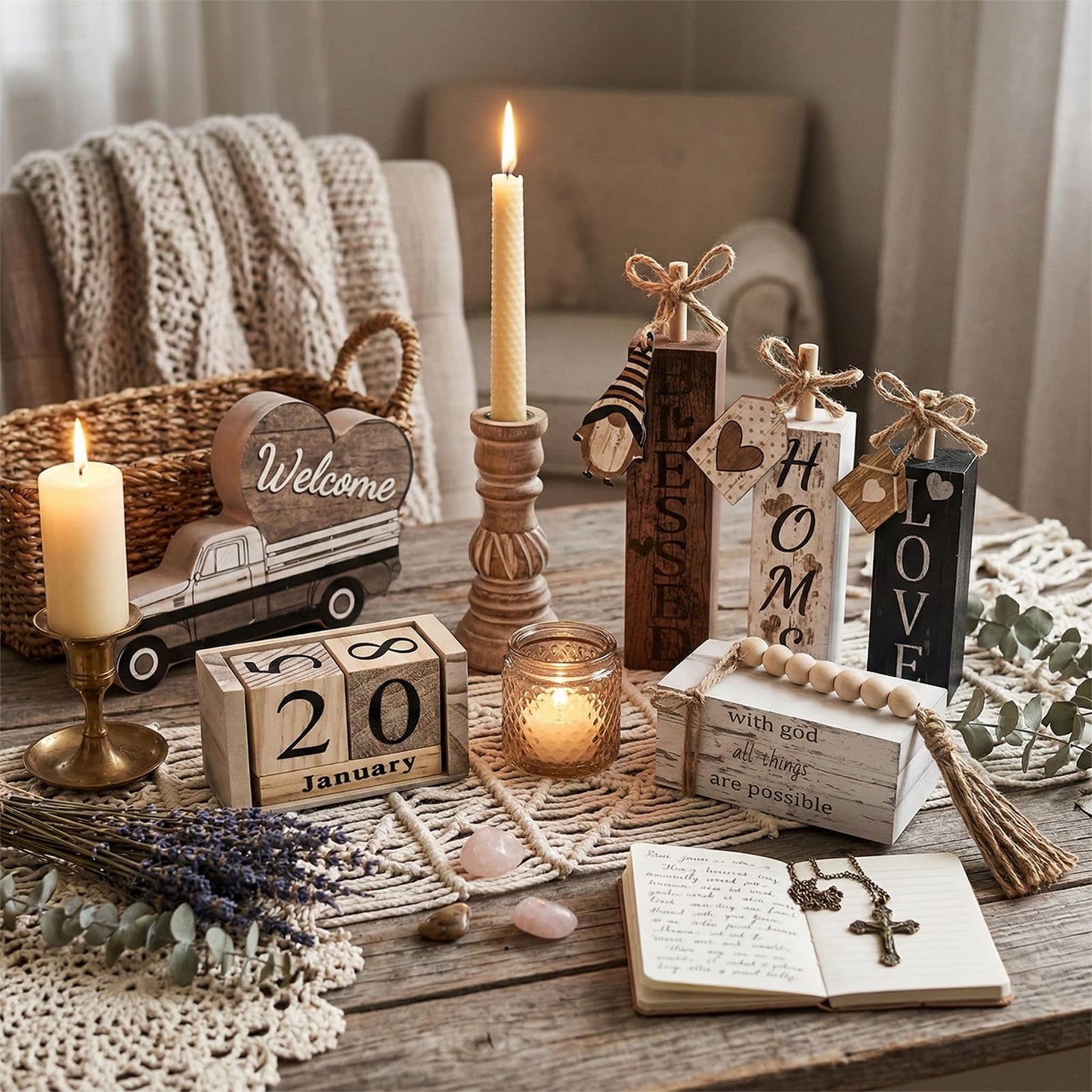Farmhouse Wooden Table Decor White Faux Books for Decoration with Wood Bead Garland, Wooden Perpetual Block Calendar Rustic Tiered Tray Decor for Home Sweet Kitchen Entryway Living Room Shelves
