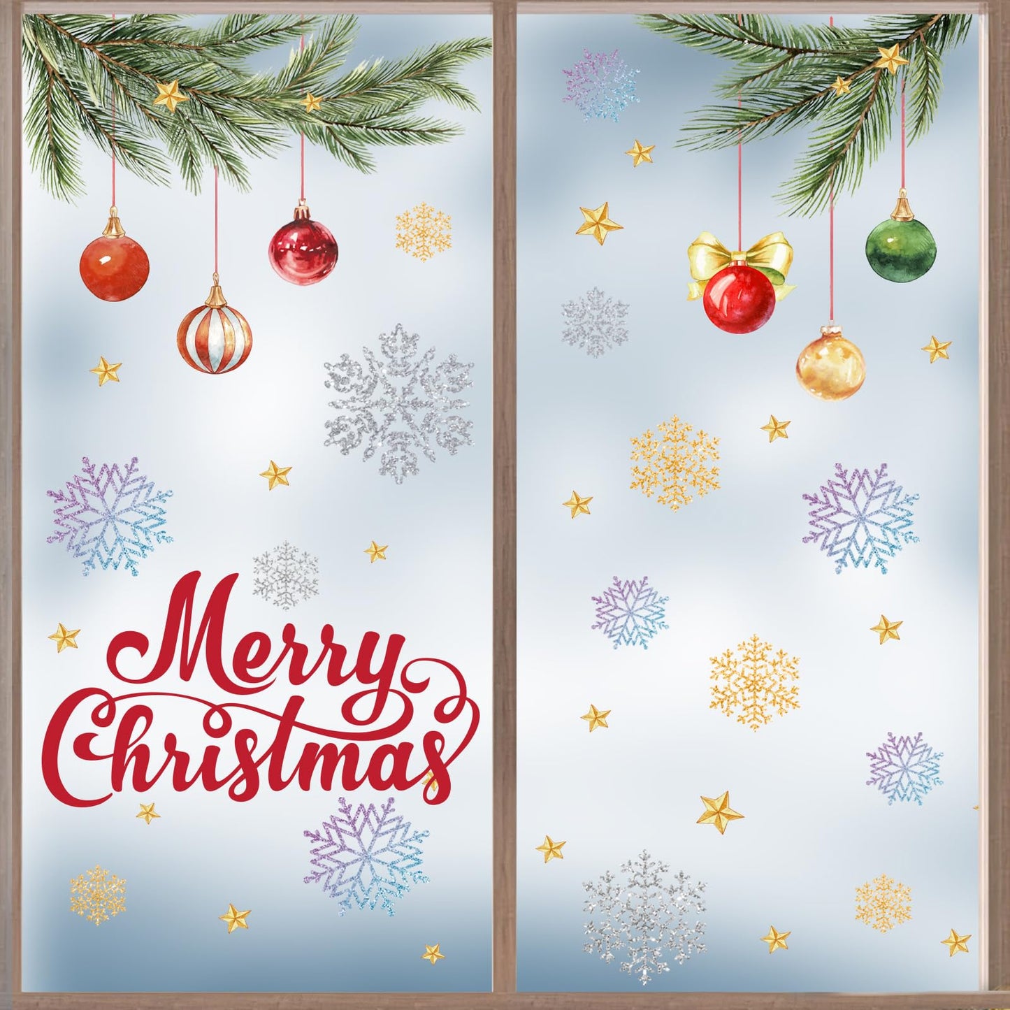 MEHOFOND Christmas Window Clings Stickers, 8 Sheets Xmas Balls Branches Snowflake Christmas Decorations, Xmas Window Decals Stickers for Home Shop Glass Windows, Winter Holiday Display Decor