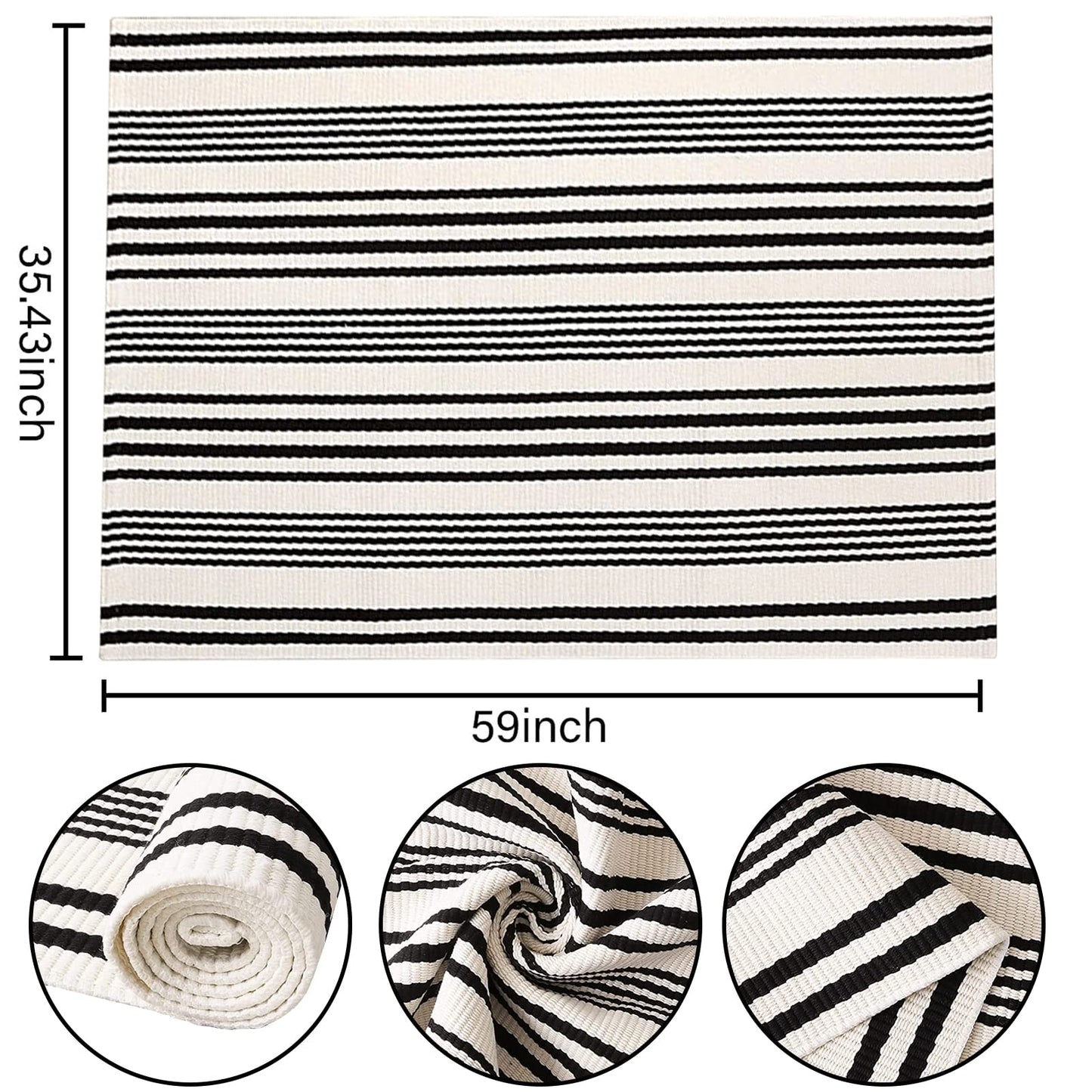 BUAGETUP Black and White Outdoor Rug 3'x 5' Cotton Woven Washable Rug Striped Front Porch Rug Area Rug Floor Mat for Farmhouse/Layered Door Mats/Living Room