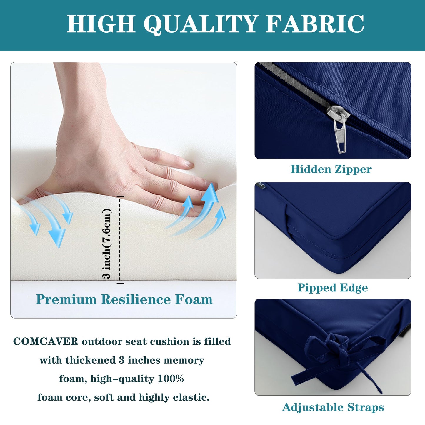 Comcaver Outdoor Bench Cushions 48 x 18 Inch Thick Waterproof Porch Swing Cushions with Tie Patio Furniture Chair Cushion Bench Pad 5 Year Color Fastness Backyard Seat Pads Navy
