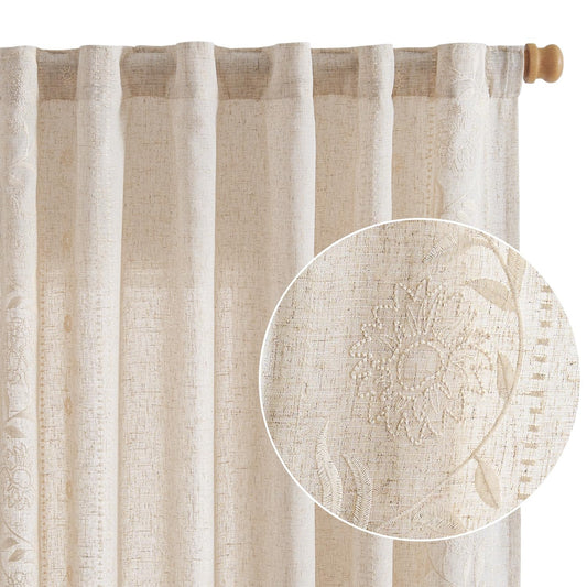 jinchan Winslow Linen Curtains for Bedroom 84 Inches Length Embroidered Bordered Floral Curtains for Living Room Farmhouse Decor Light Filtering Window Treatments Ivory on Beige Drapes 2 Panels